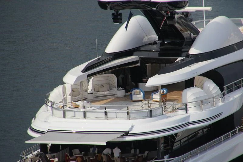 a boat with a satellite dish on it aboard MADAME GU Yacht for Sale