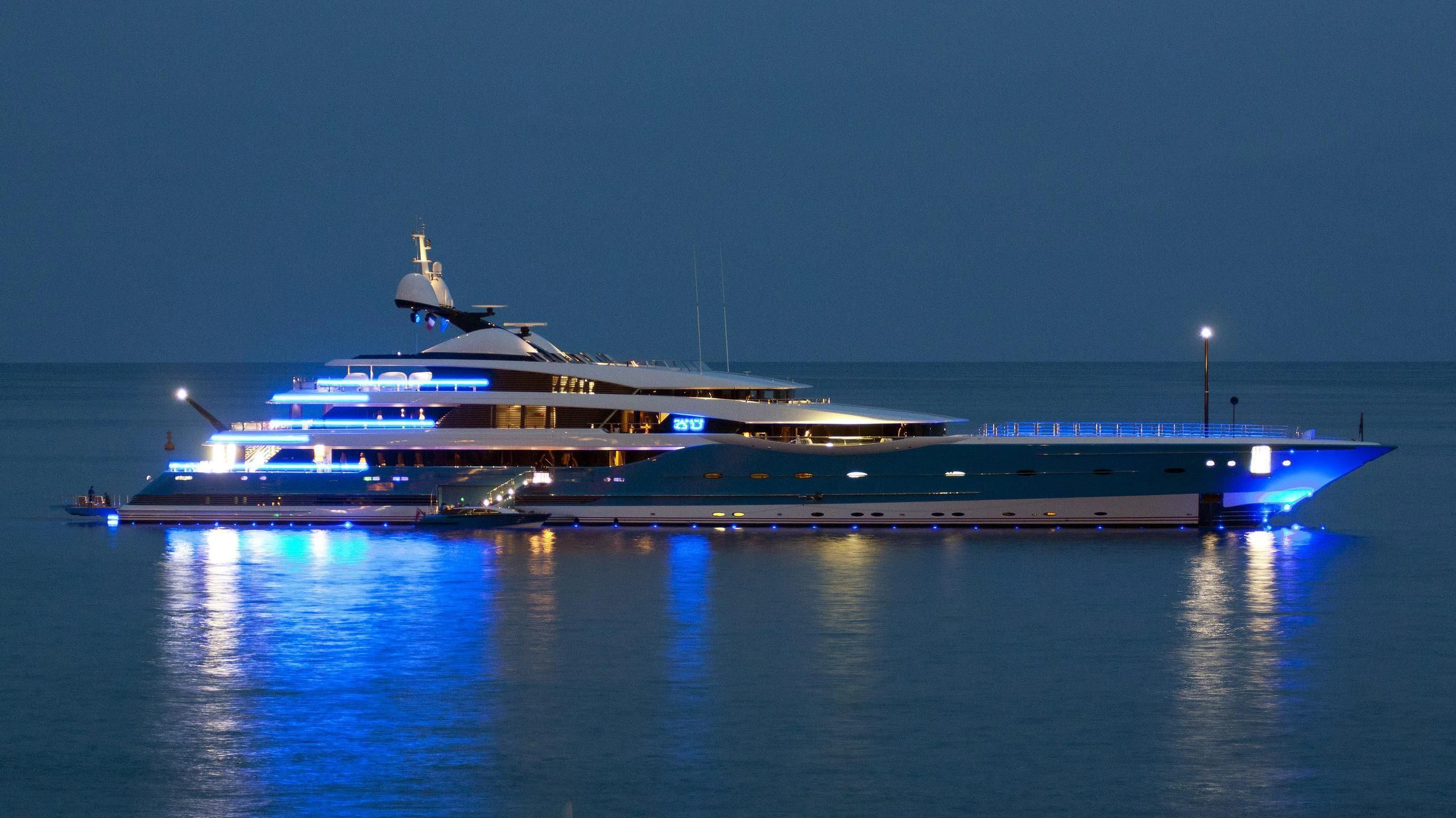 a large cruise ship in the water aboard MADAME GU Yacht for Sale