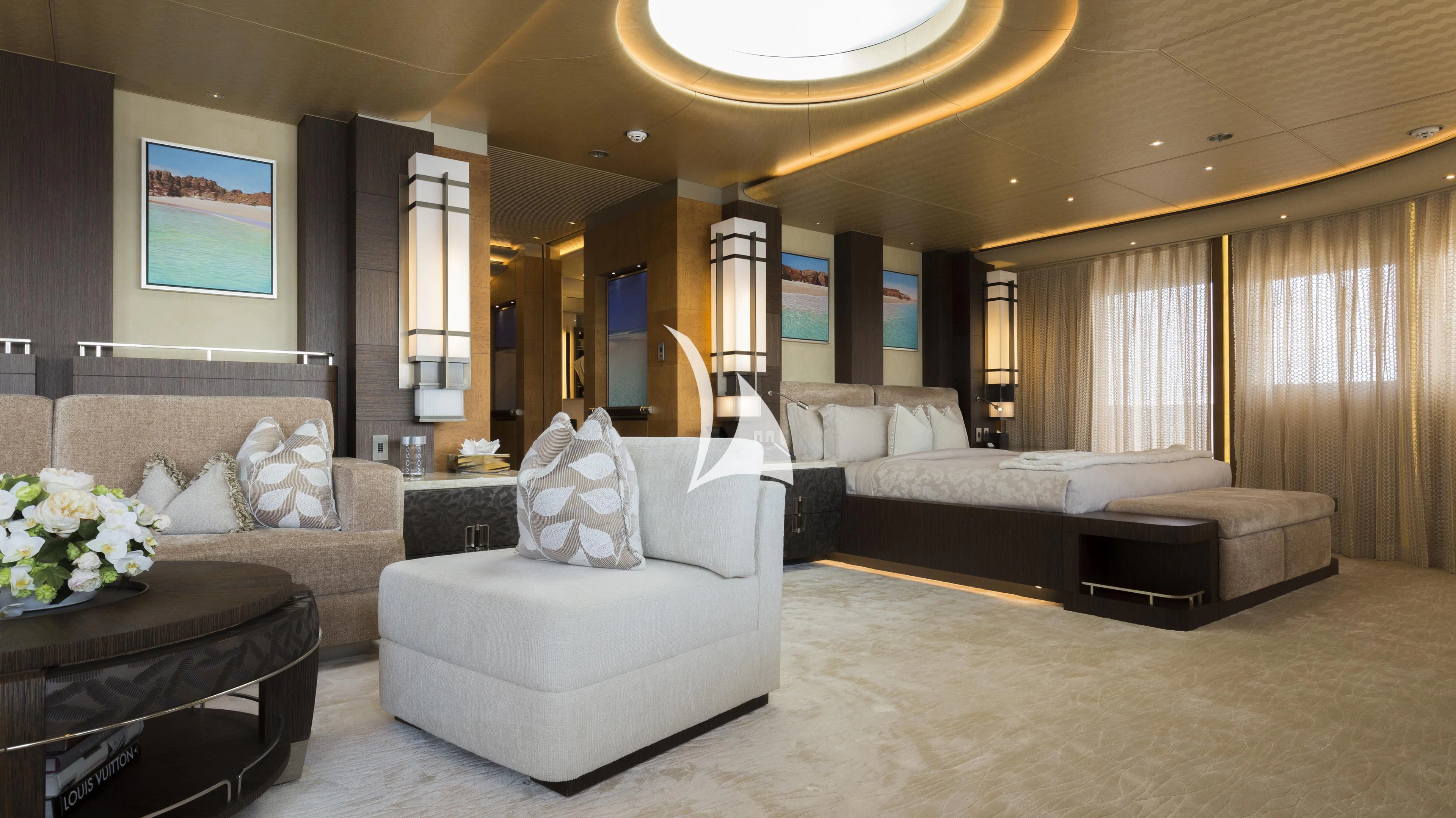 a large bedroom with a large bed aboard NIRVANA Yacht for Sale