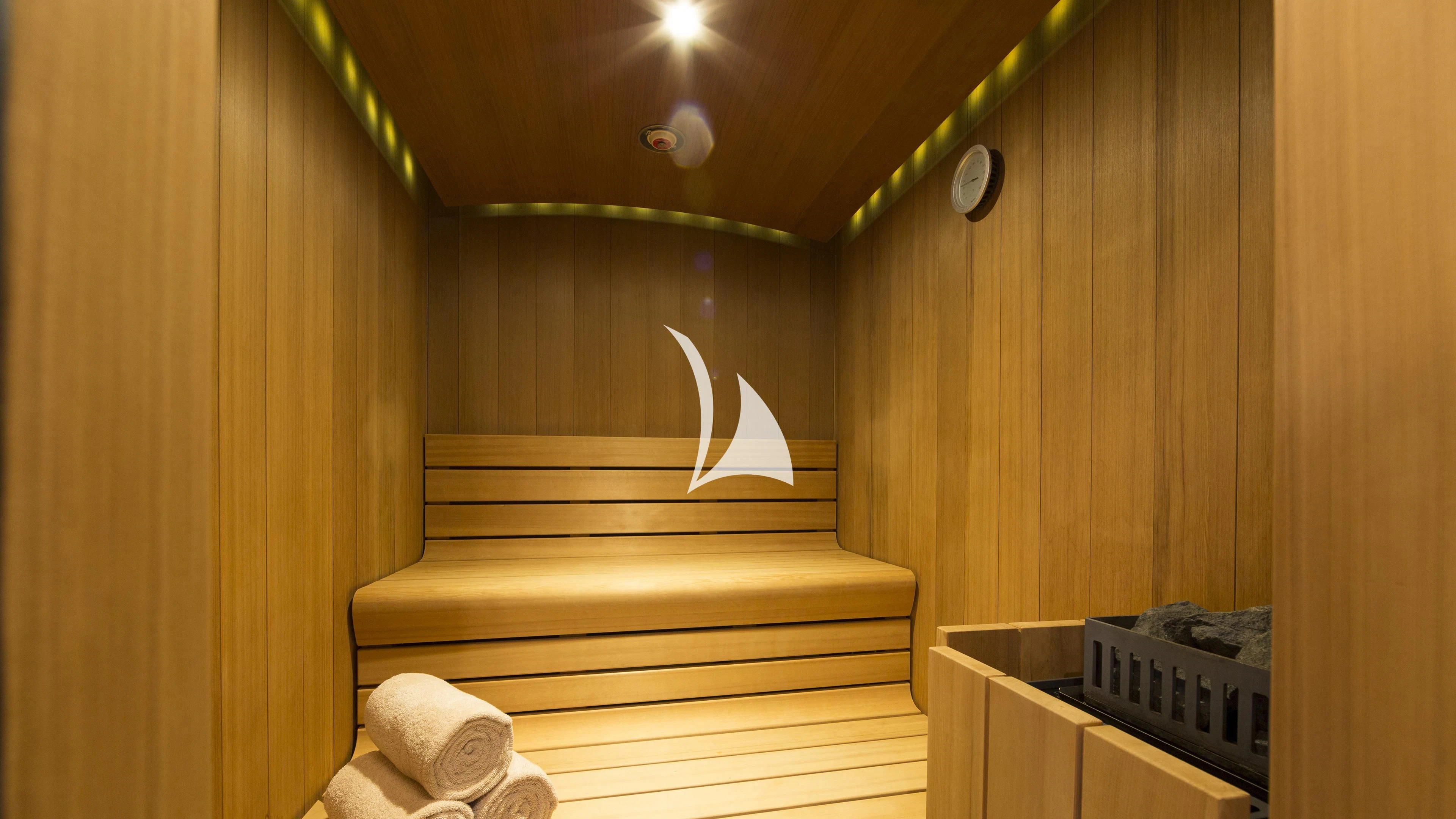 a staircase with a light aboard NIRVANA Yacht for Sale