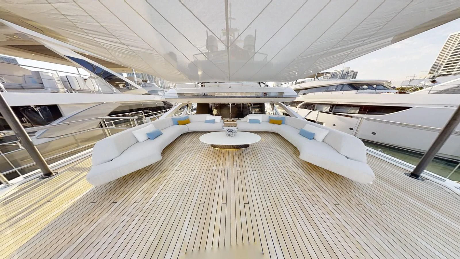 a large white yacht in a large room aboard VOLO MARE Yacht for Charter