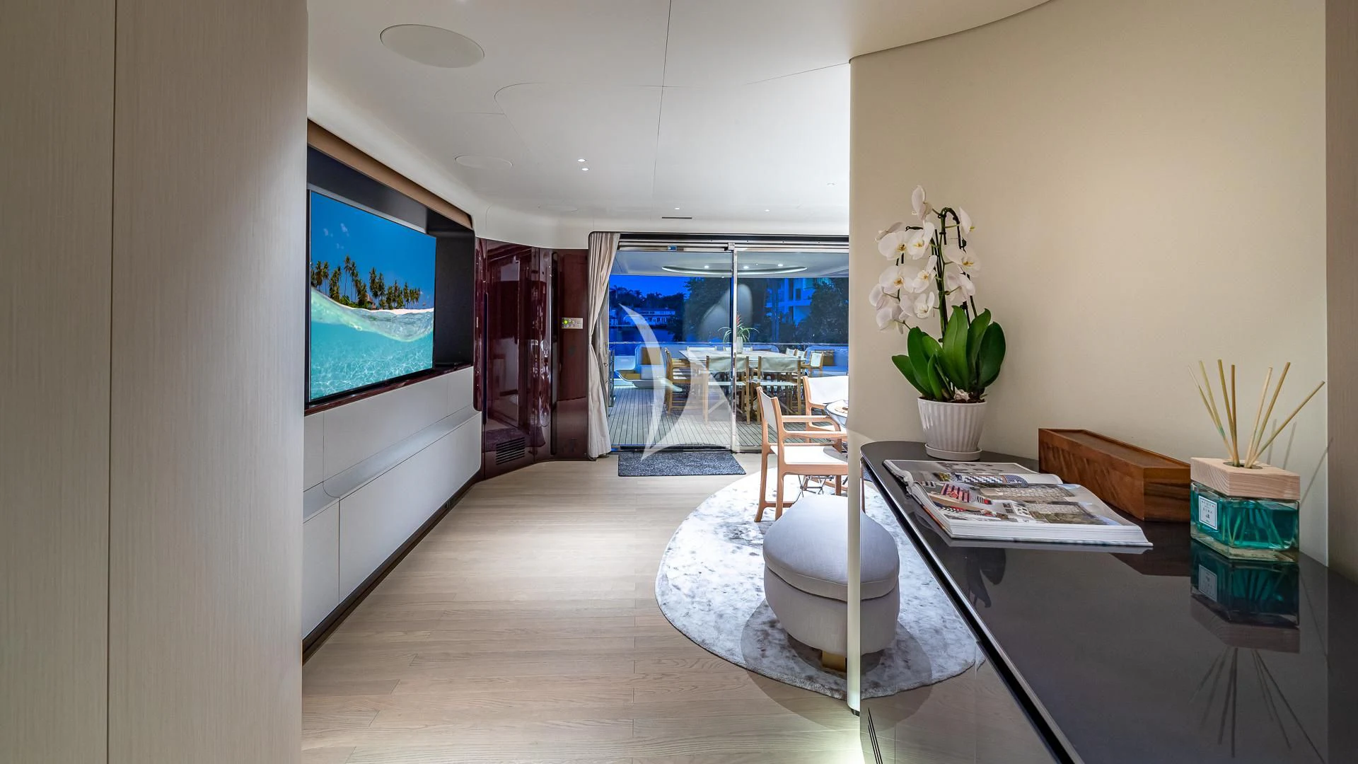 a room with a table and chairs aboard VOLO MARE Yacht for Charter