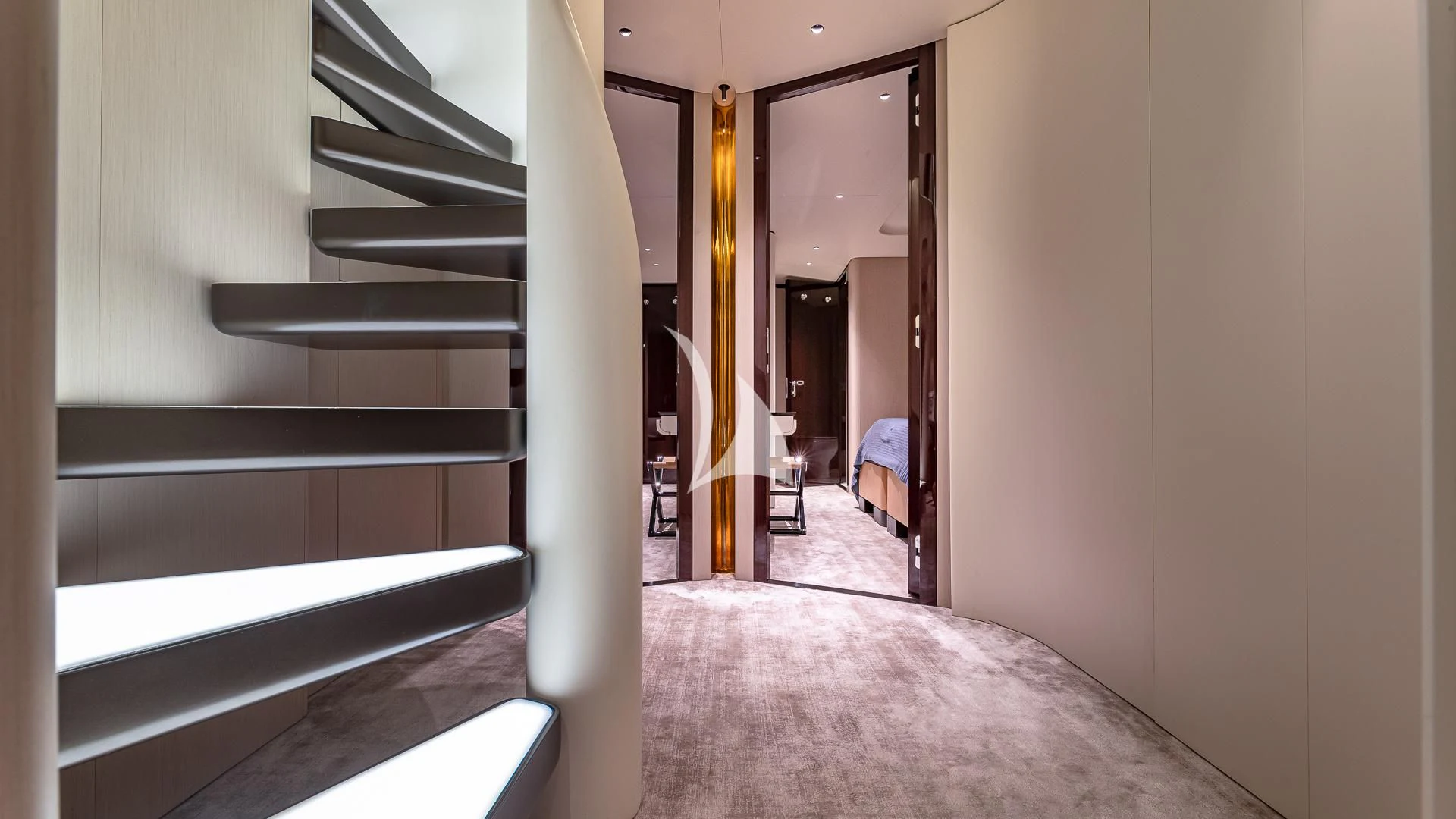 a hallway with a staircase aboard VOLO MARE Yacht for Charter