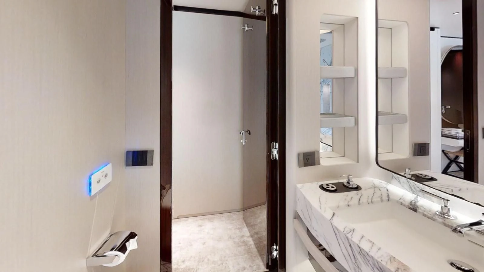 a bathroom with a sink and a mirror aboard VOLO MARE Yacht for Charter