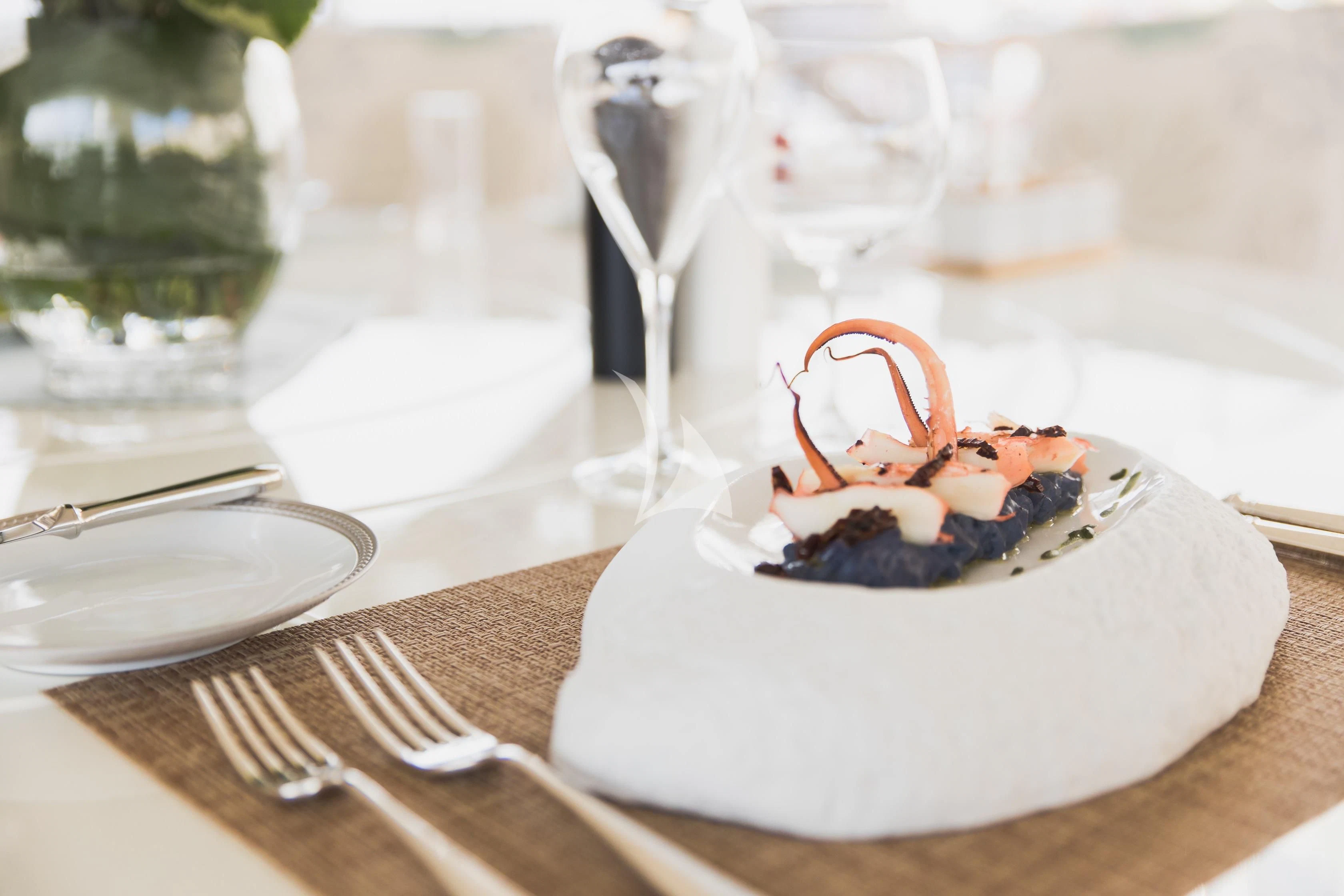 a dessert on a plate aboard LADY TRUDY Yacht for Charter