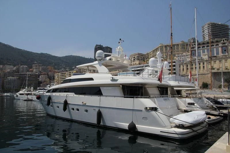 a boat docked in a harbor aboard LA FLEUR Yacht for Sale