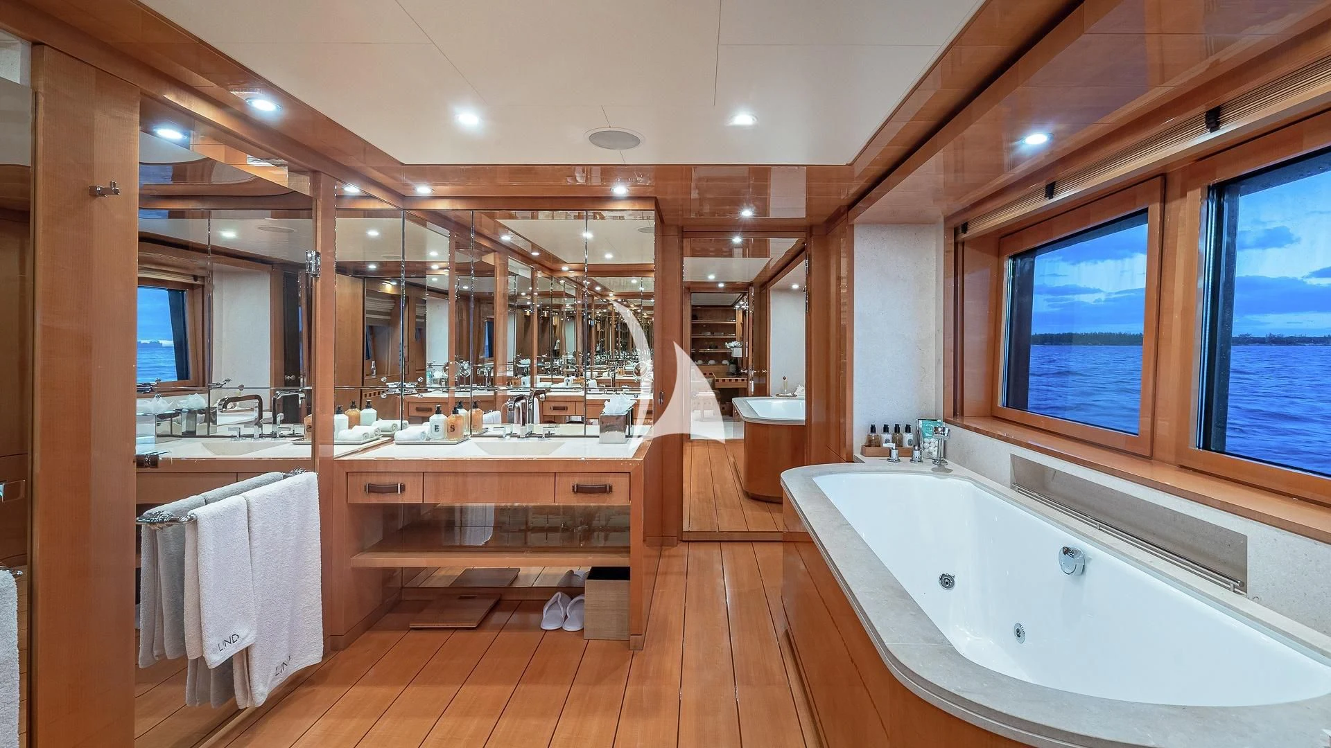 a bathroom with a large tub aboard LIND Yacht for Charter