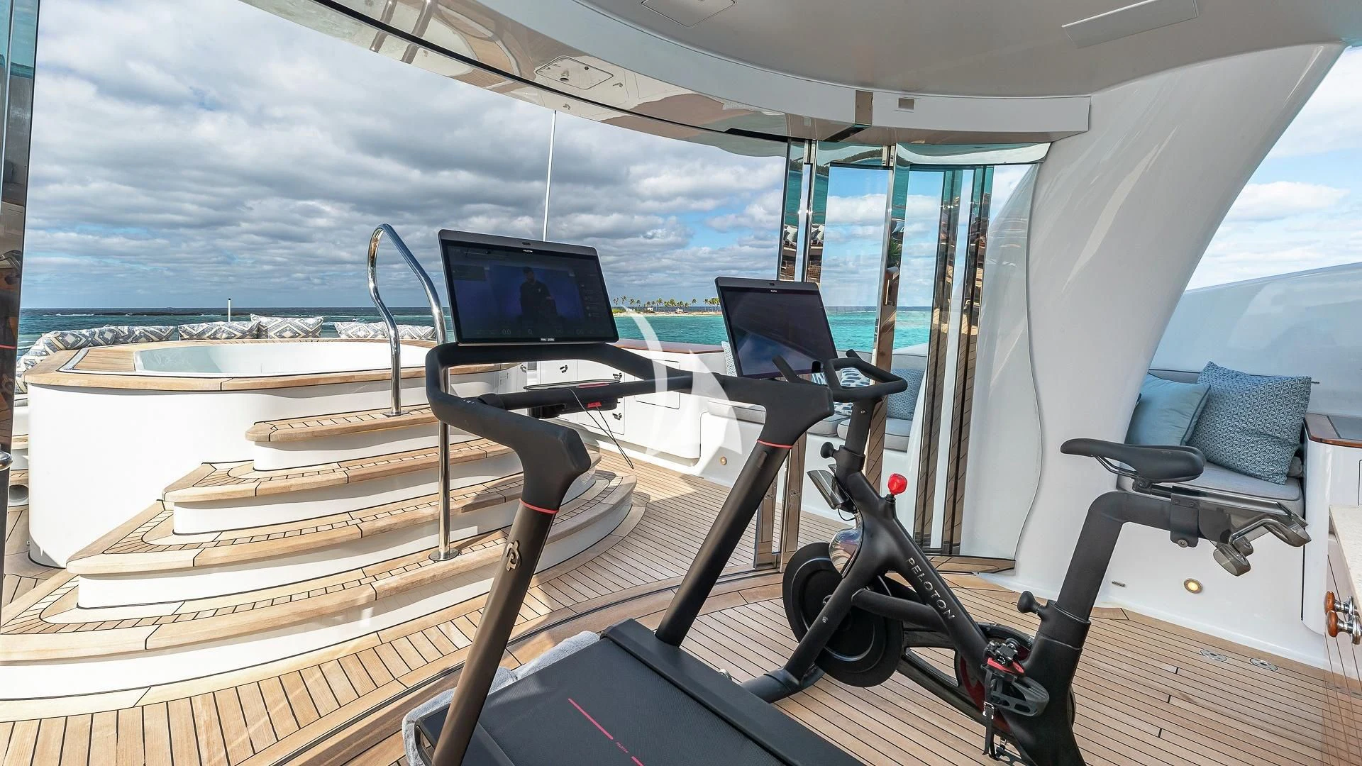 a boat with a laptop on it aboard LIND Yacht for Charter