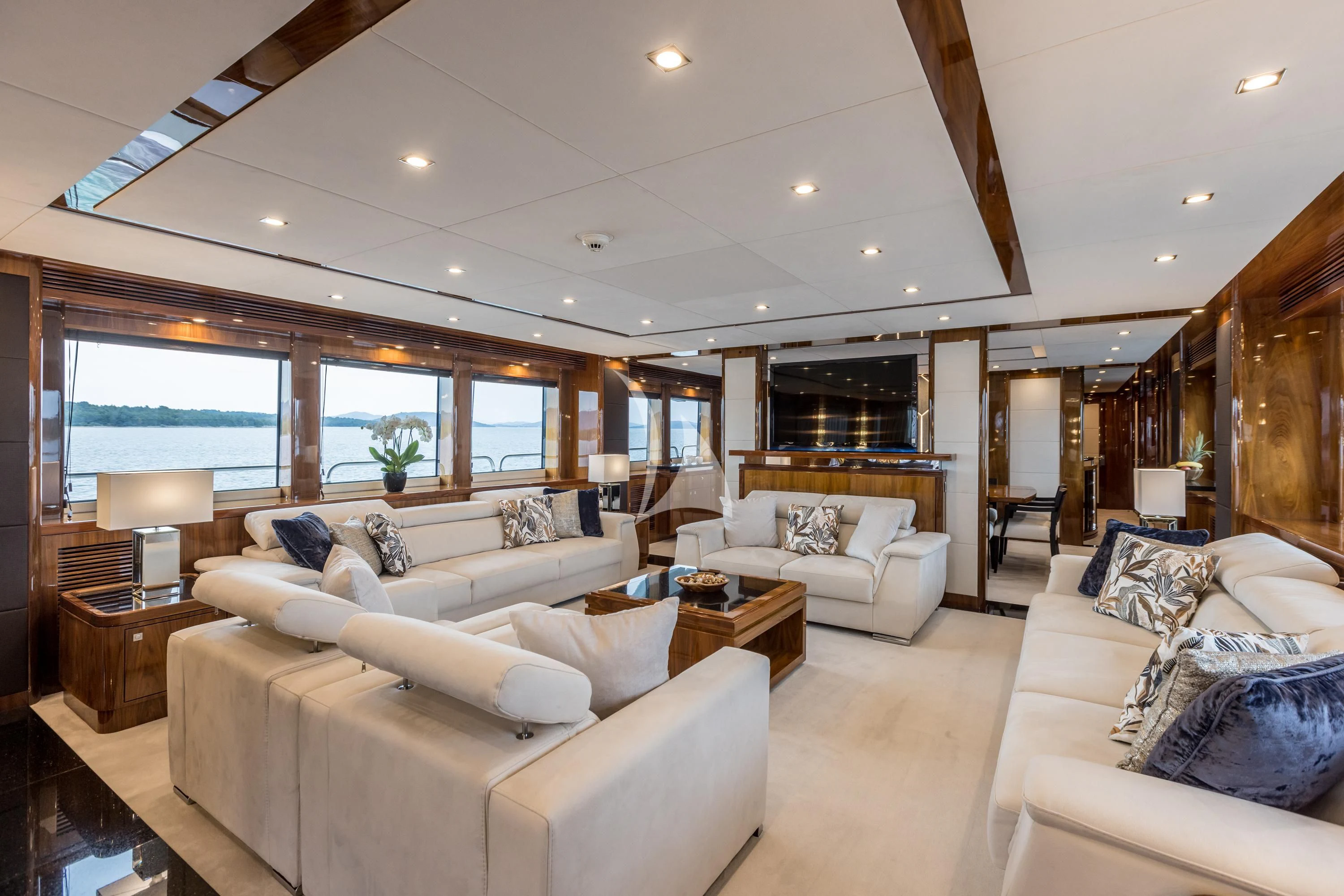 a living room with a large window aboard KATARIINA I Yacht for Sale