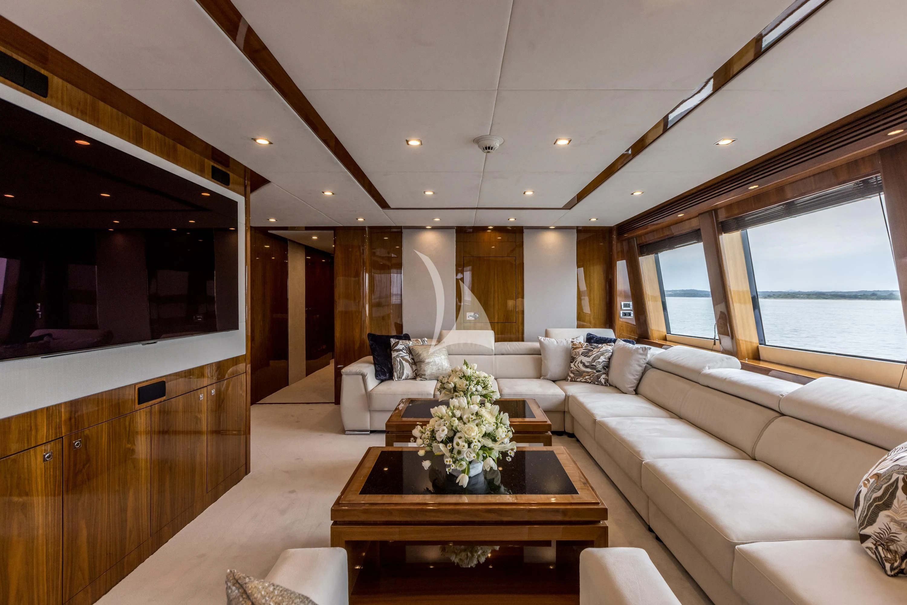 a living room with a large window aboard KATARIINA I Yacht for Sale