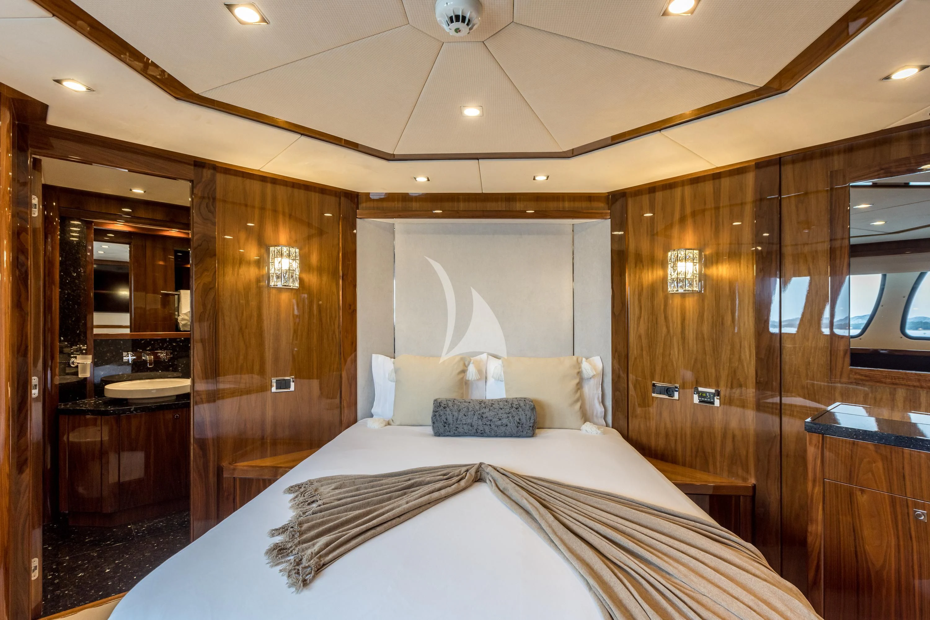 a large bed in a hotel room aboard KATARIINA I Yacht for Sale
