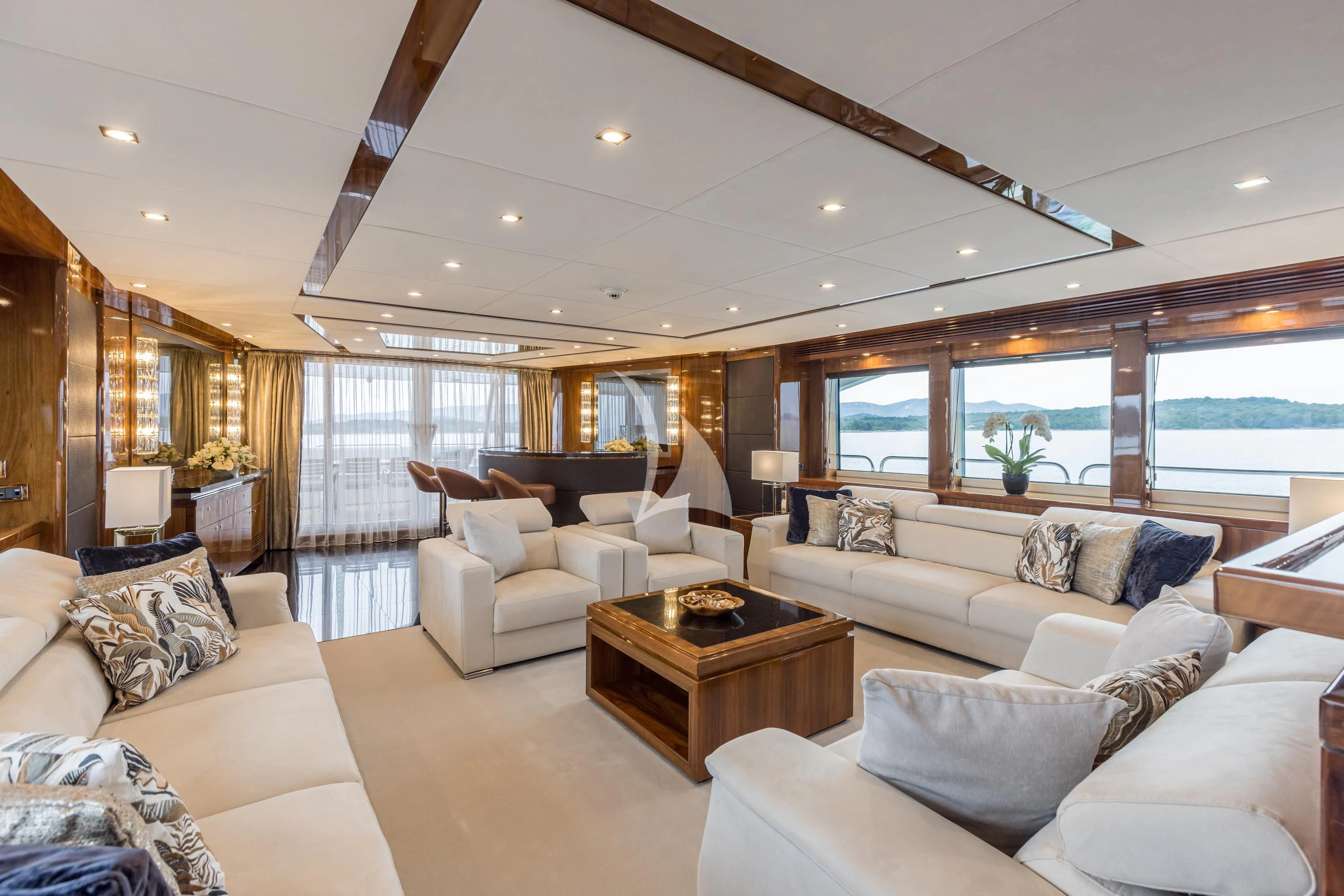 a living room with a large window aboard KATARIINA I Yacht for Sale
