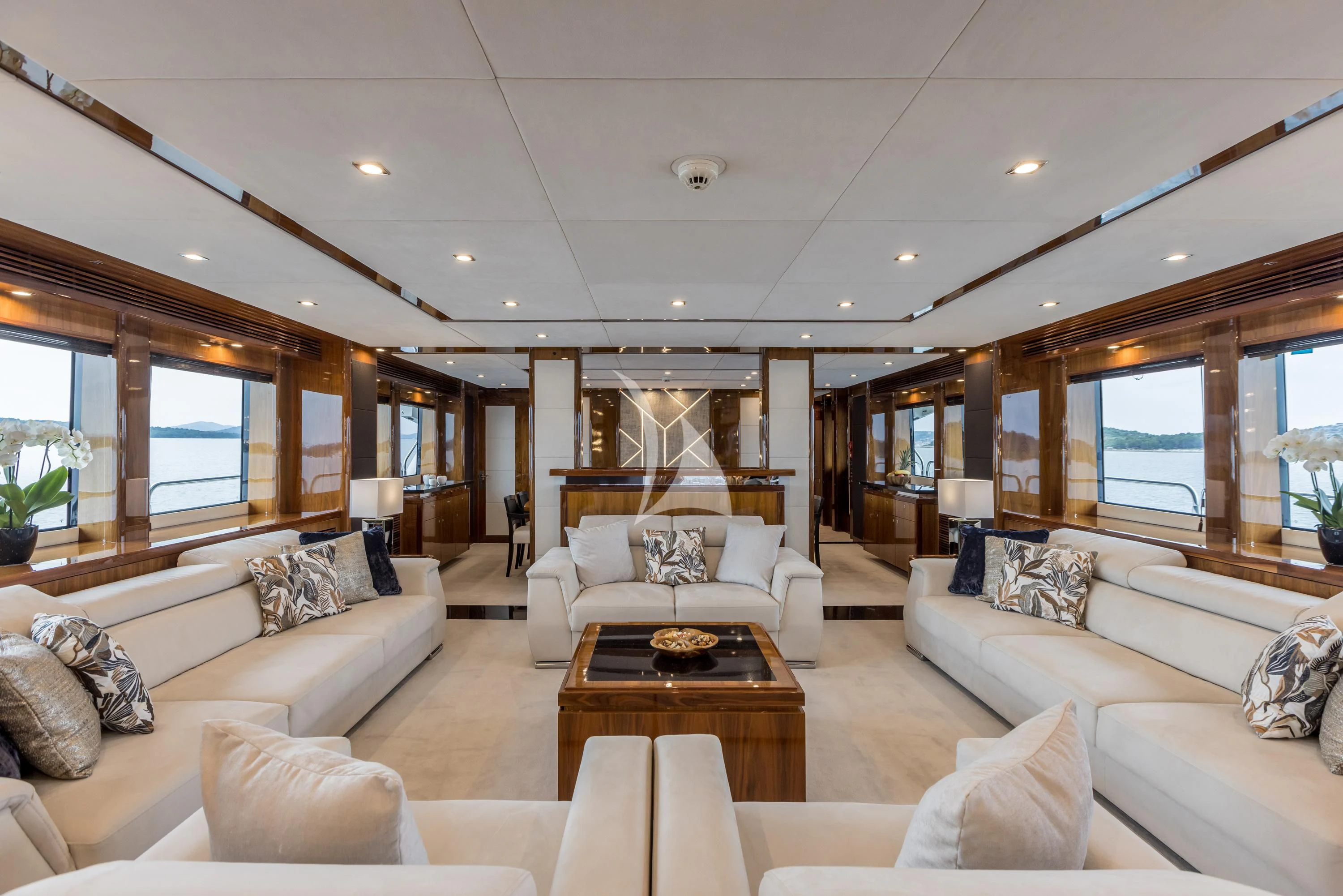 a living room with a large window aboard KATARIINA I Yacht for Sale