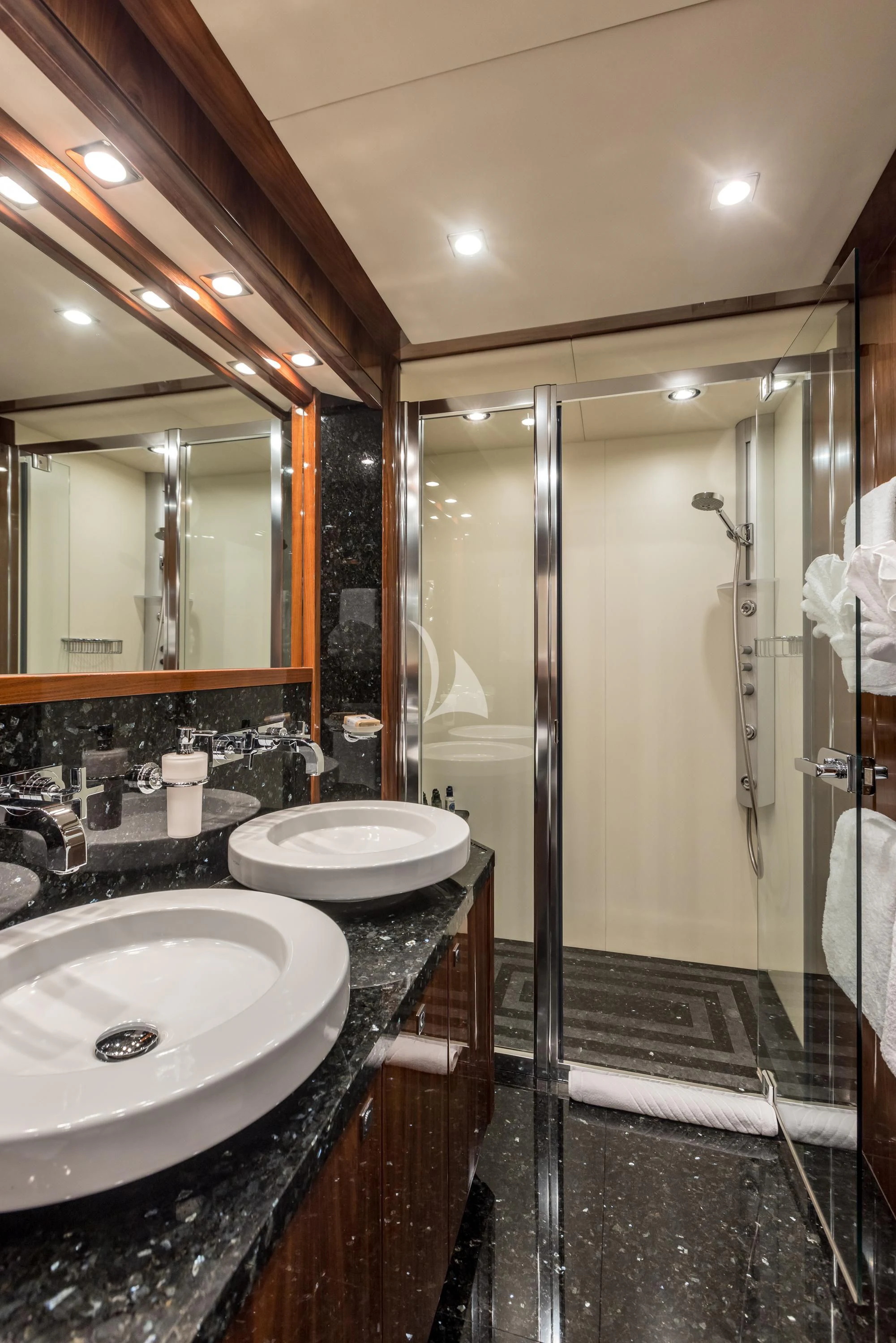 a bathroom with a sink and a shower aboard KATARIINA I Yacht for Sale
