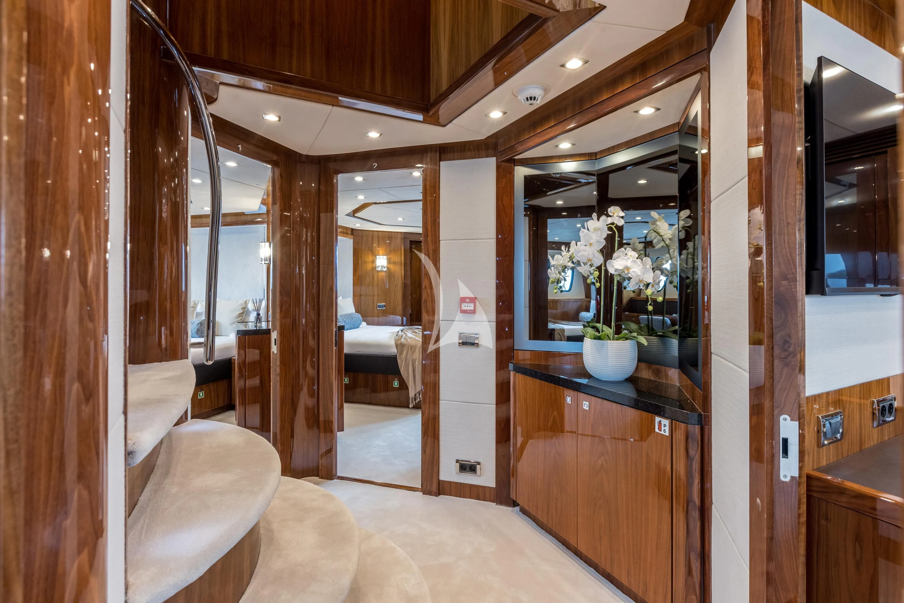 a room with wood walls and a glass door aboard KATARIINA I Yacht for Sale