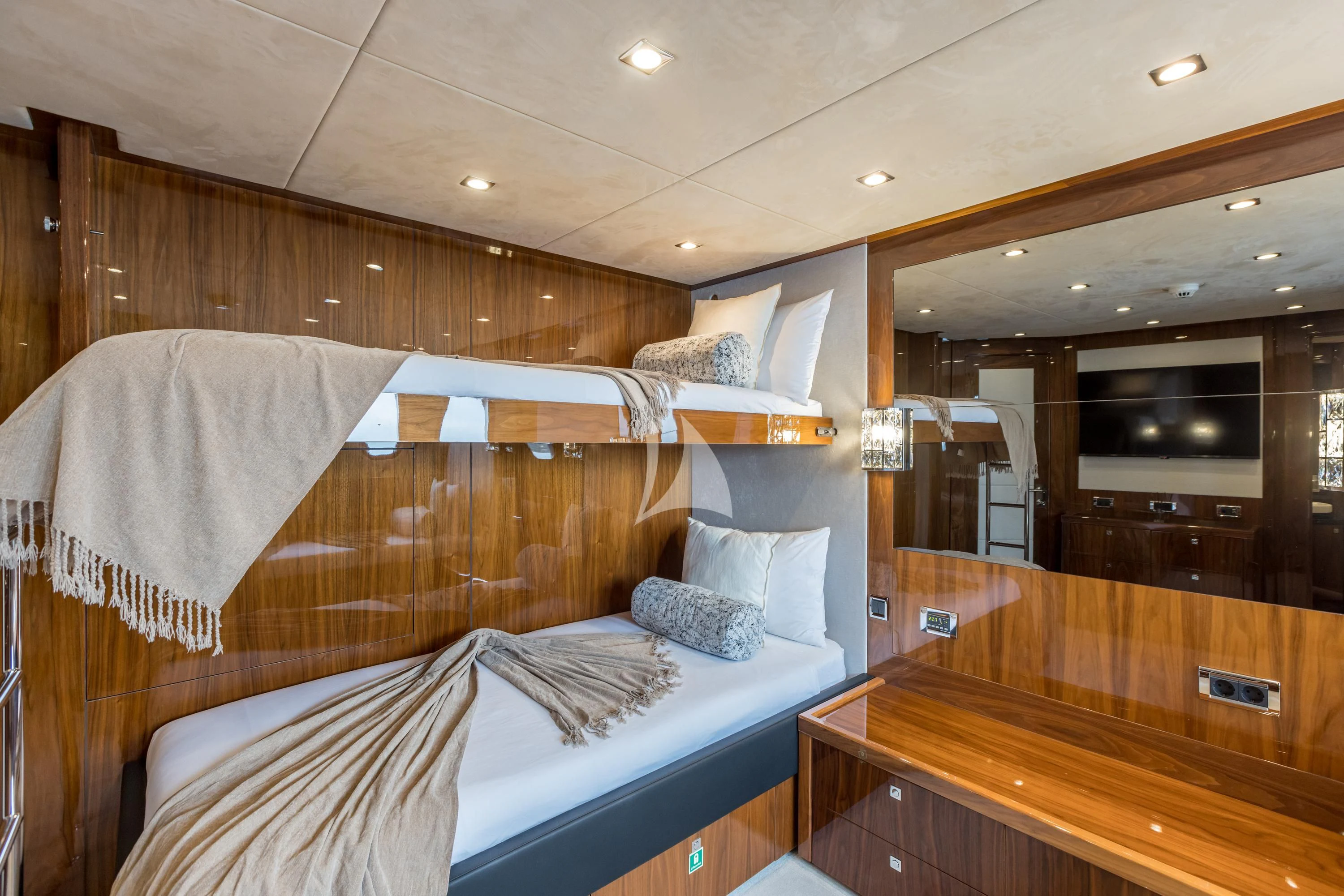 a room with a bed and a table aboard KATARIINA I Yacht for Sale