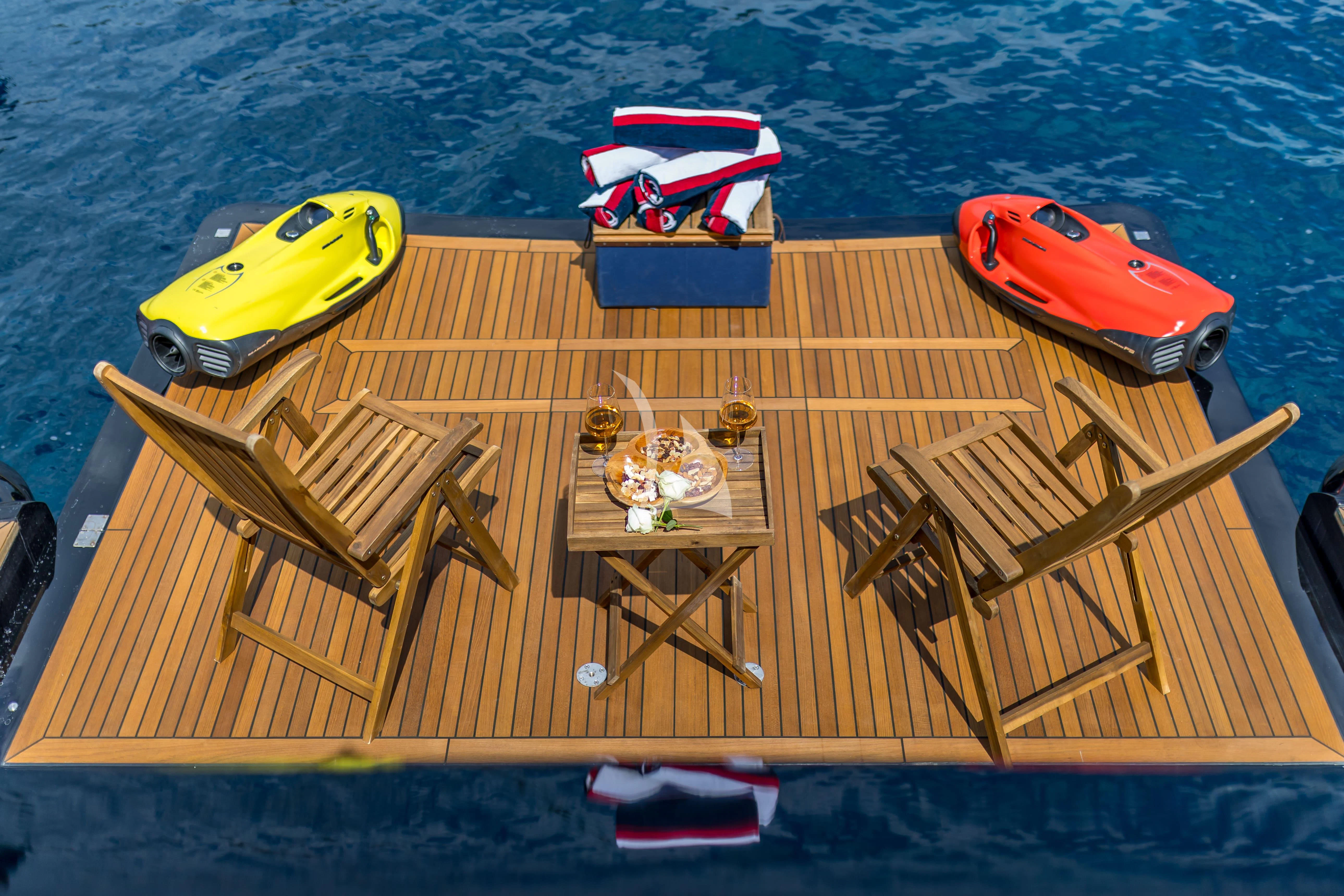 a table and chairs on a beach aboard KATARIINA I Yacht for Sale
