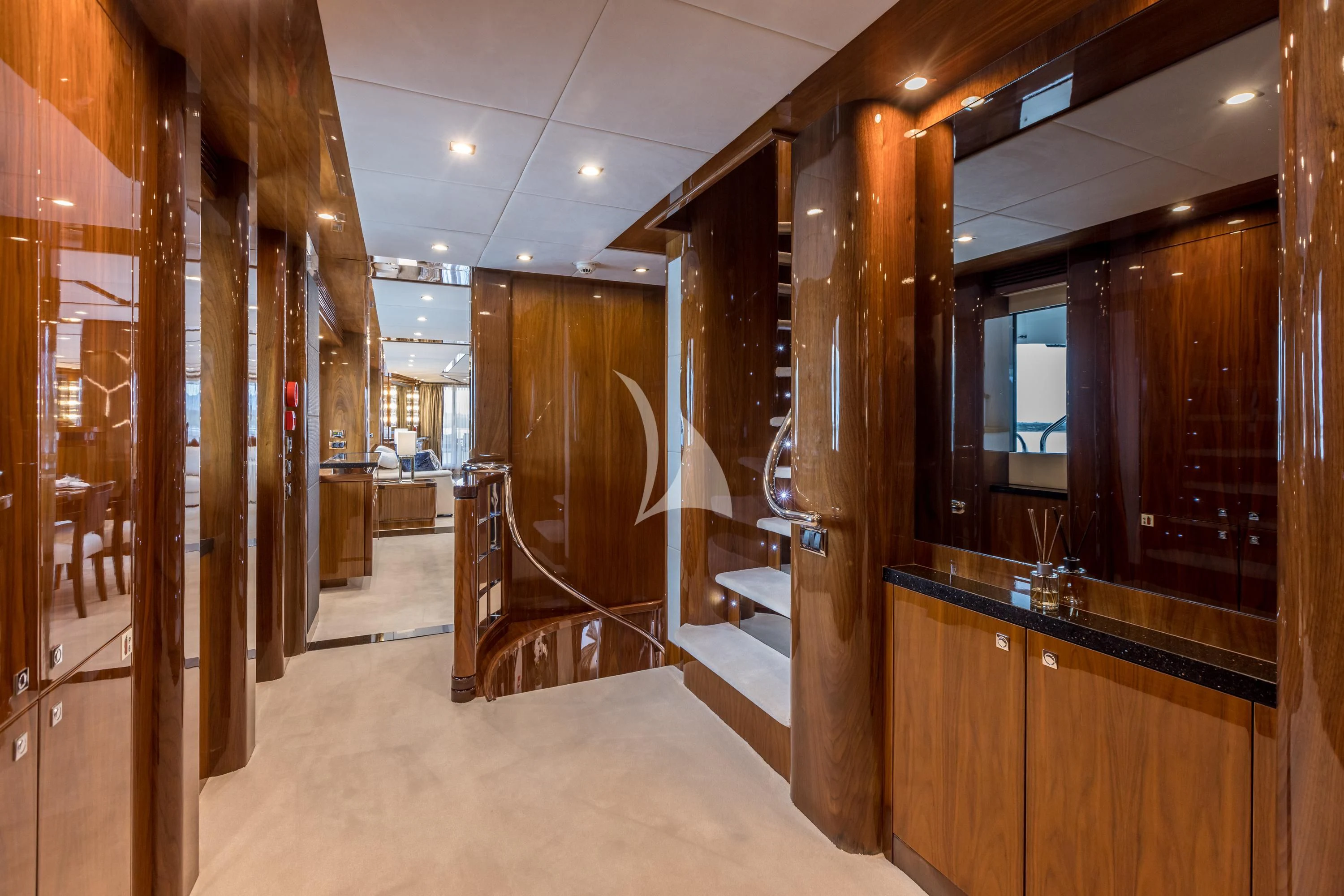 a room with wooden walls and wood floors aboard KATARIINA I Yacht for Sale