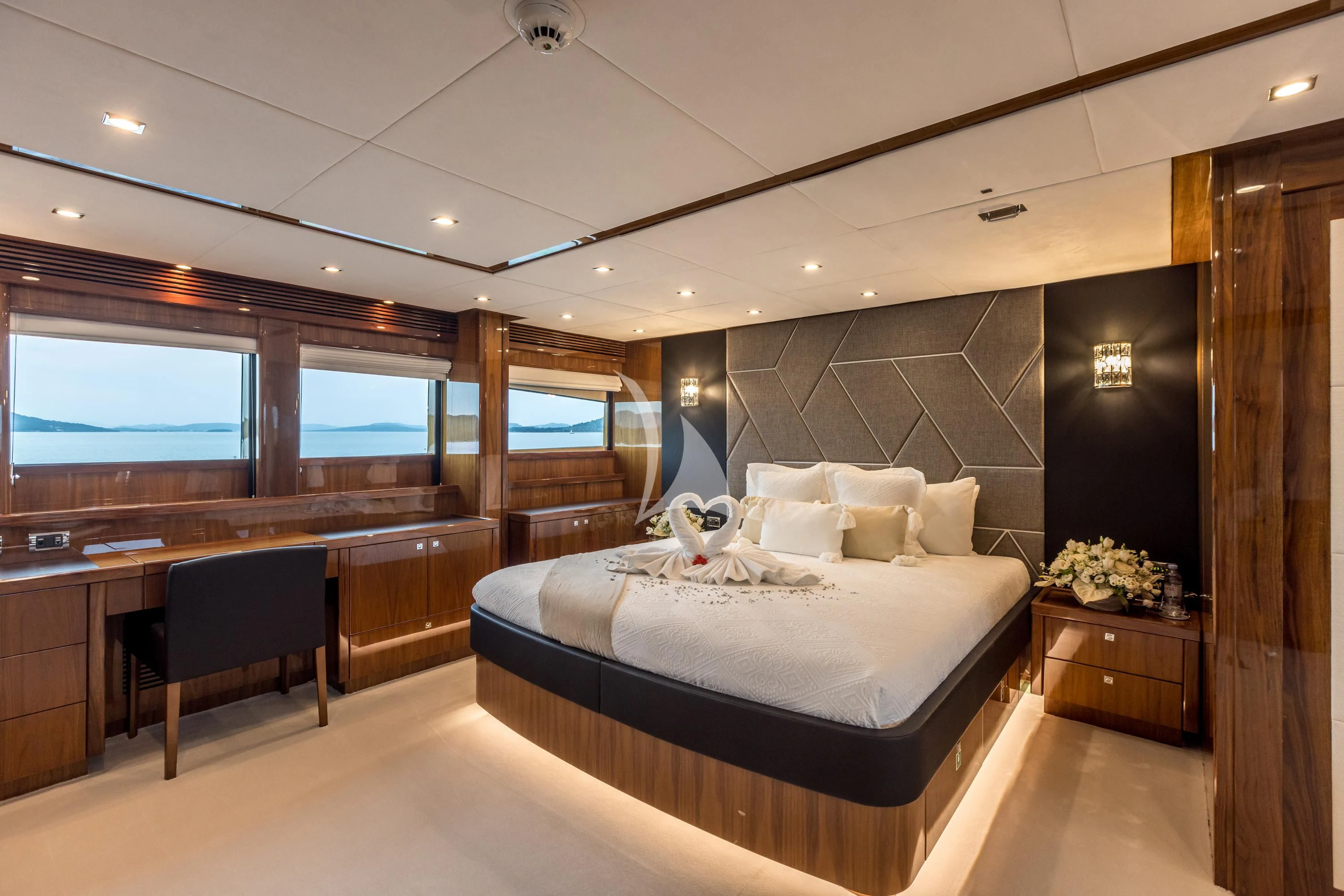 a large bedroom with a large bed aboard KATARIINA I Yacht for Sale