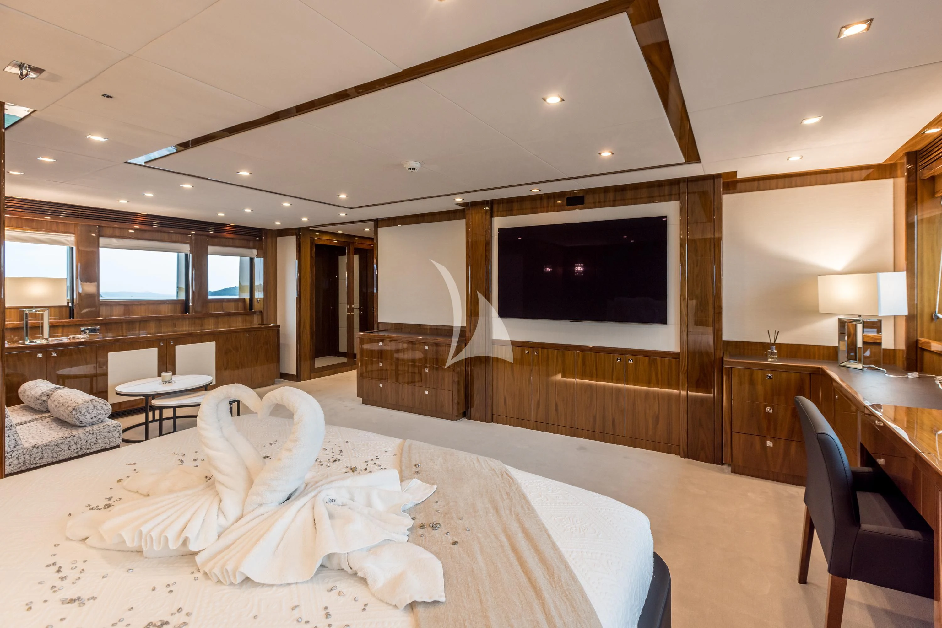 a hotel room with a large television aboard KATARIINA I Yacht for Sale