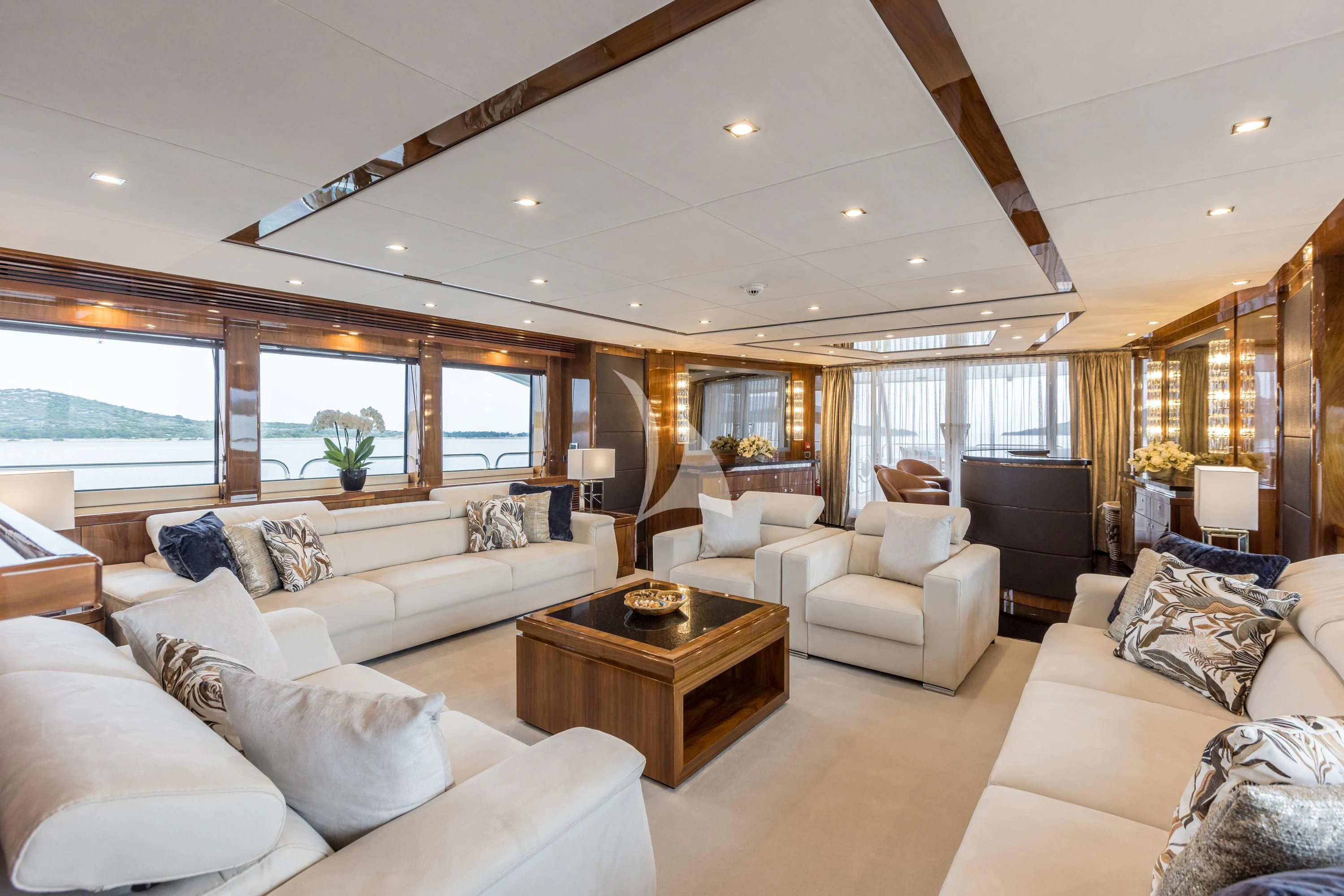 a living room with a large window aboard KATARIINA I Yacht for Sale