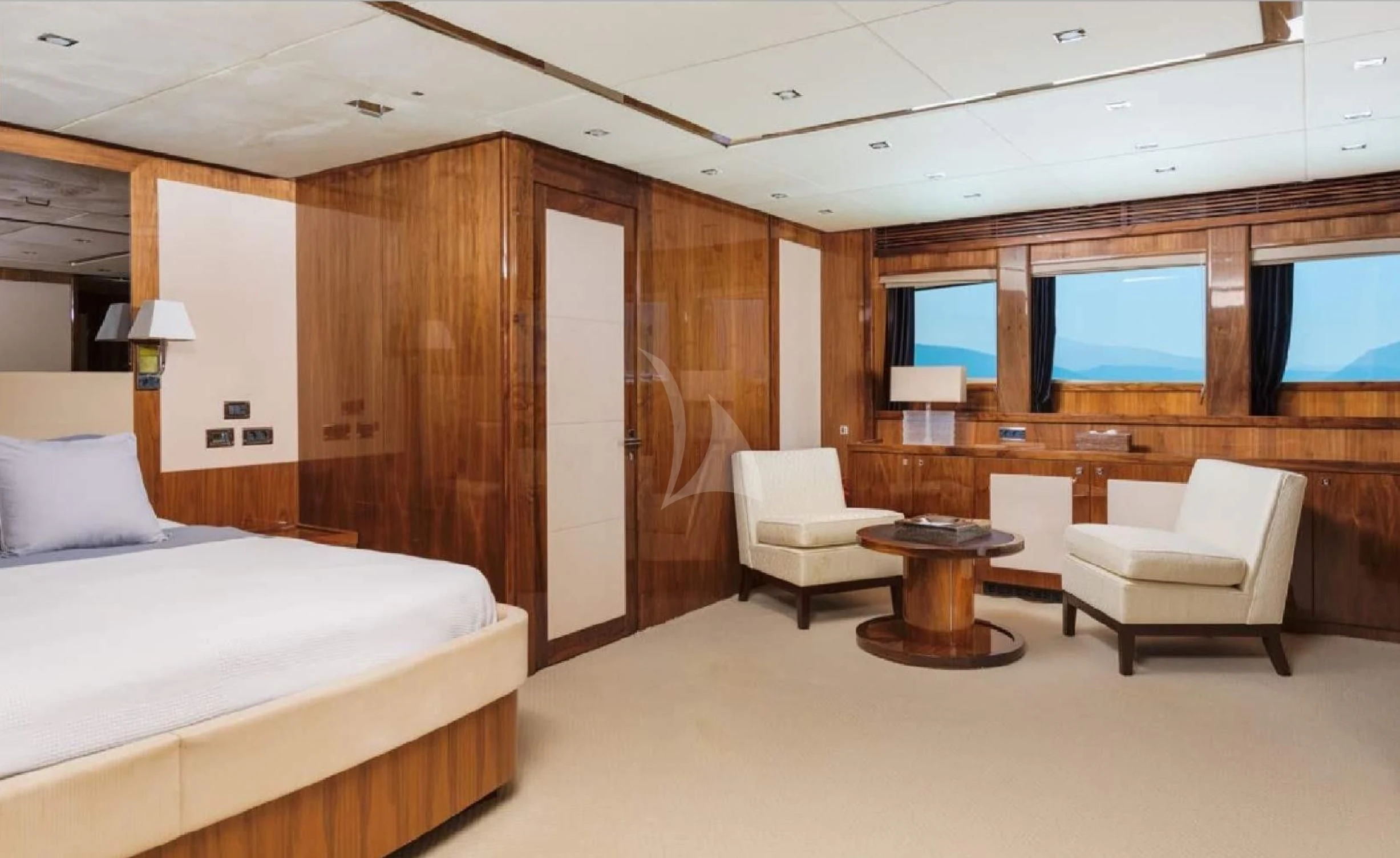 a room with a bed and a desk aboard KATARIINA I Yacht for Sale