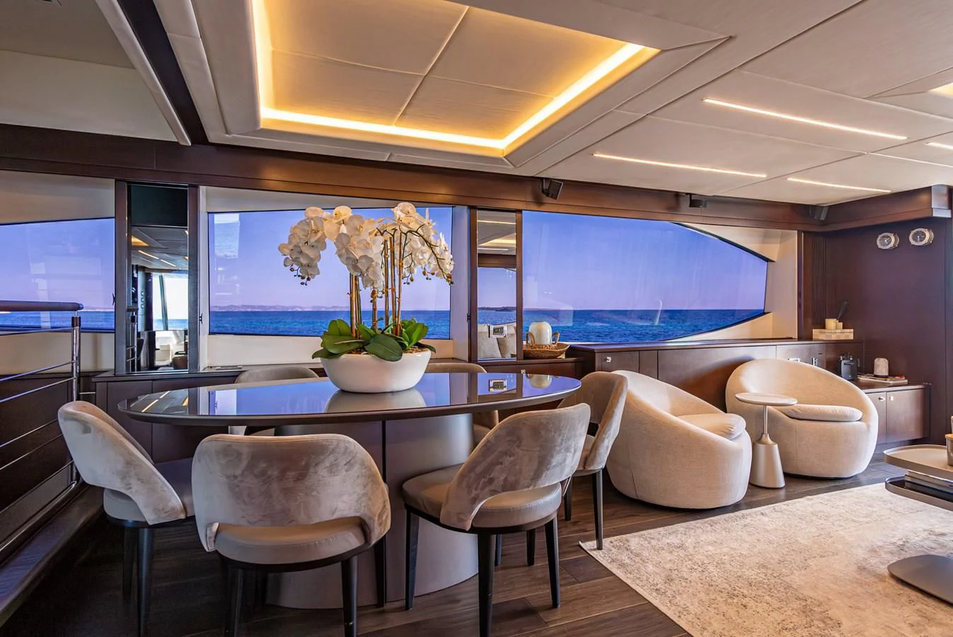 a modern looking kitchen with a large screen aboard MOZZ II Yacht for Sale