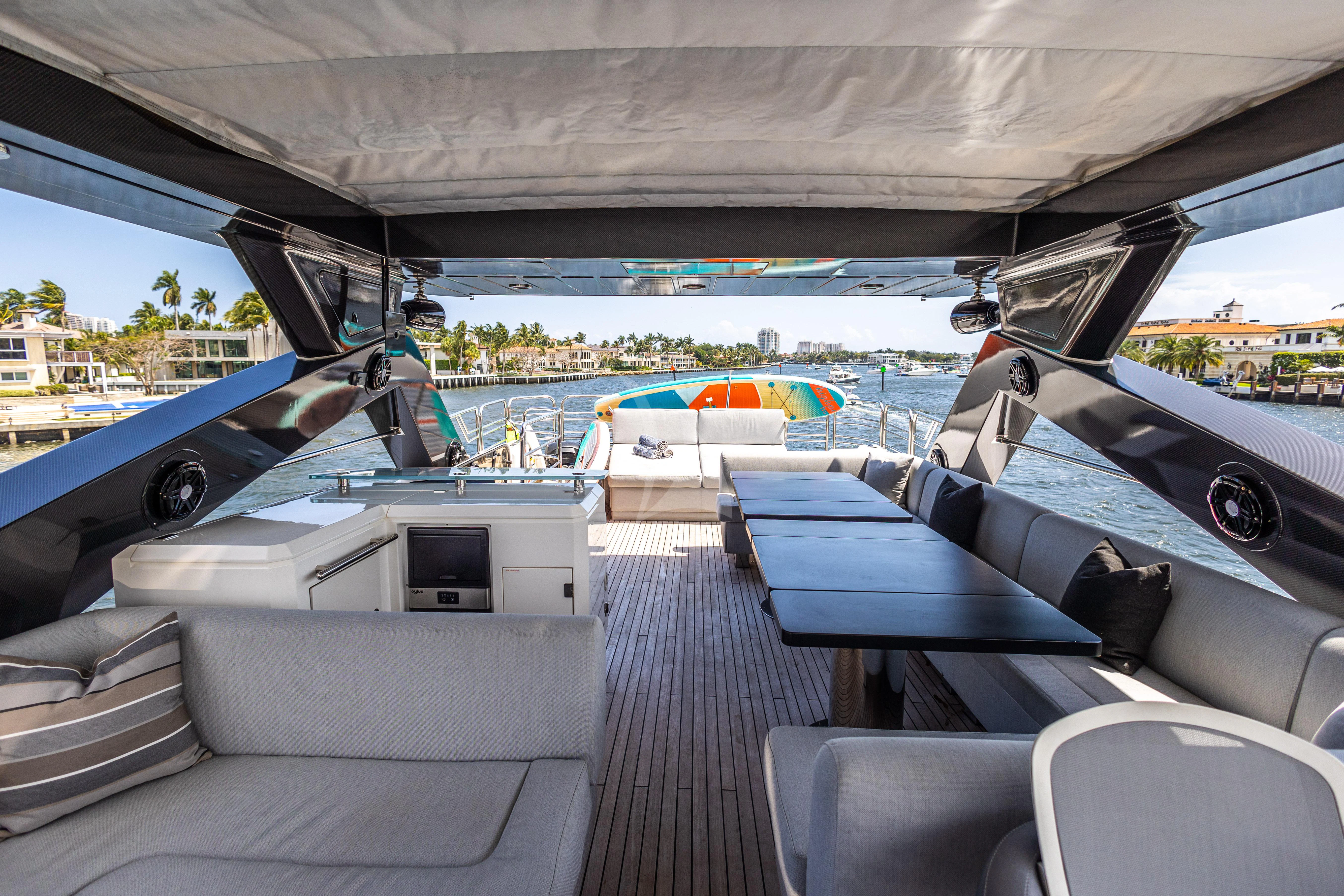 a boat with a deck and a deck with a view of the water aboard MOZZ II Yacht for Sale