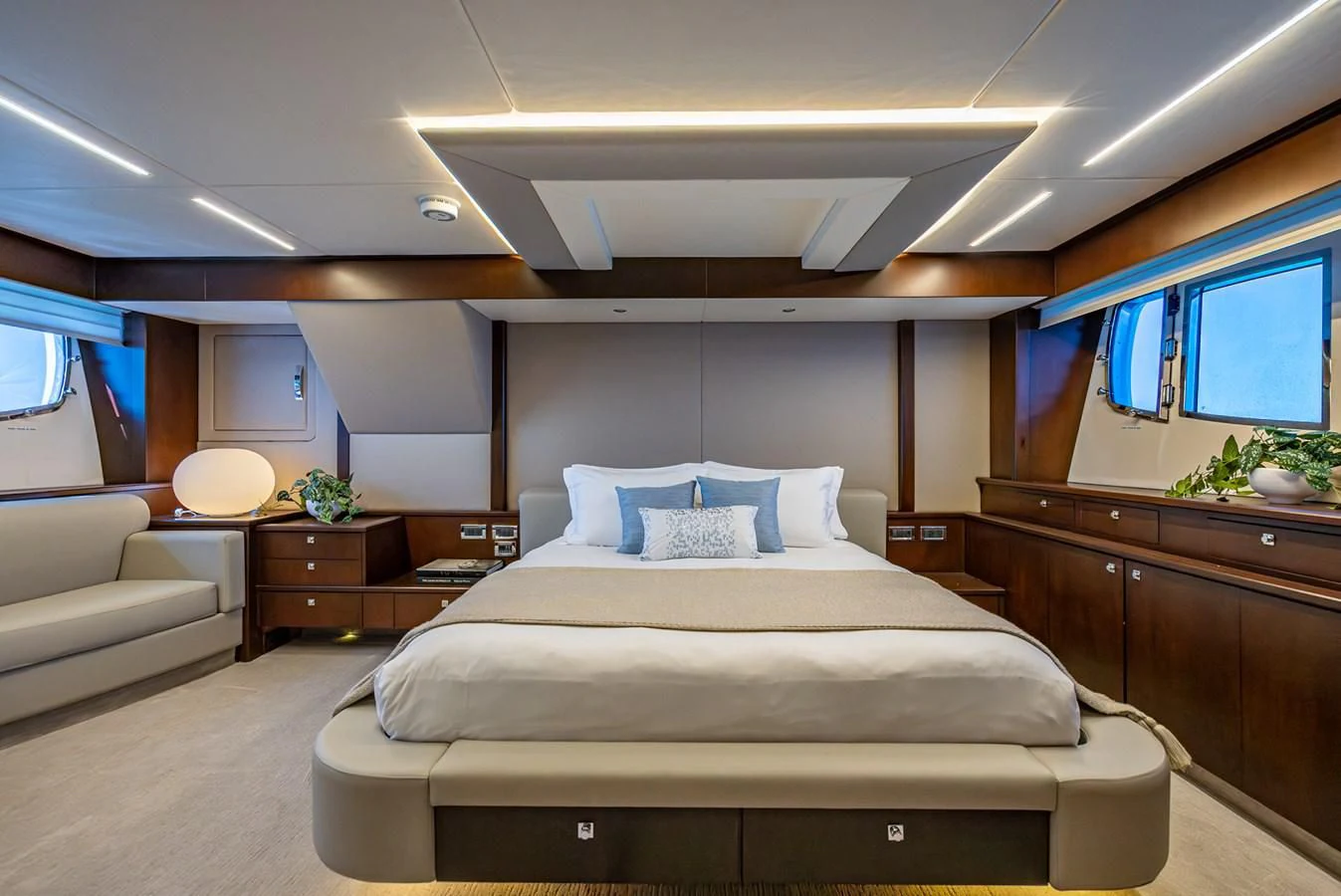 a large bedroom with a large bed aboard MOZZ II Yacht for Sale