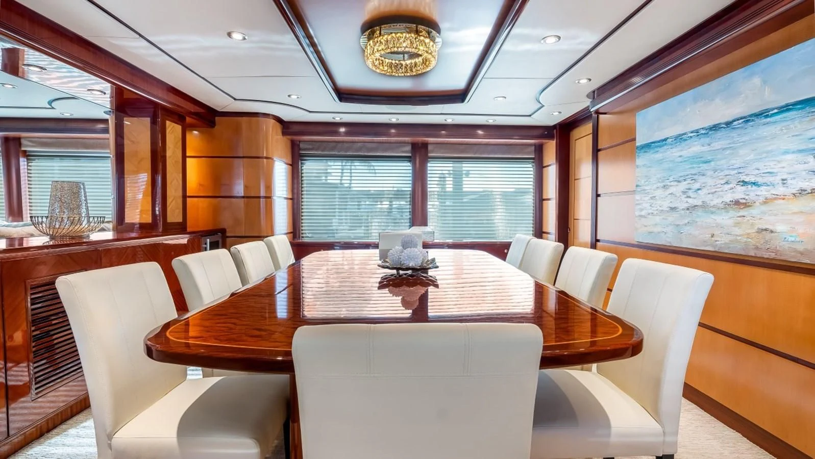 a restaurant with tables and chairs aboard JUST ENOUGH Yacht for Charter