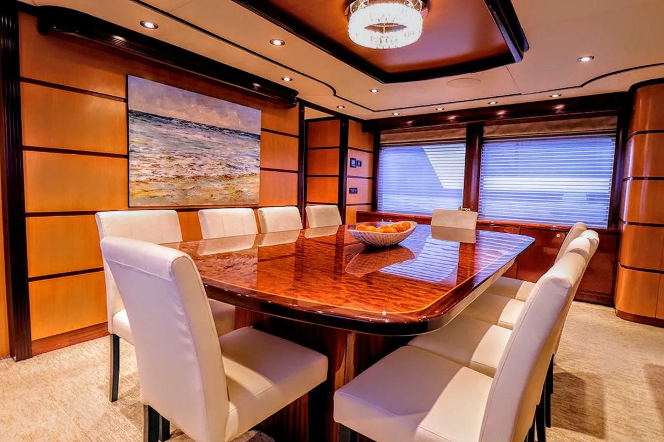 a dining table in a room aboard JUST ENOUGH Yacht for Charter