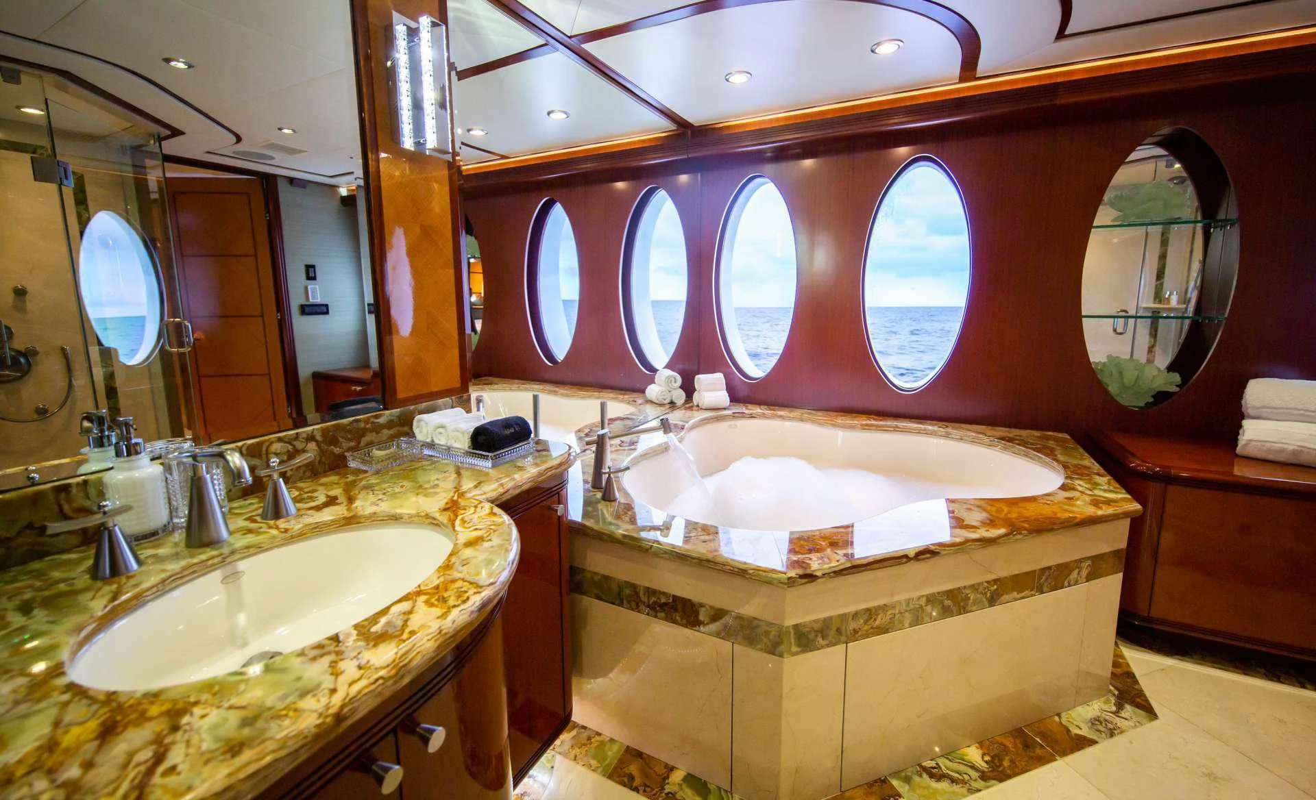 a bathroom with a large tub aboard JUST ENOUGH Yacht for Charter