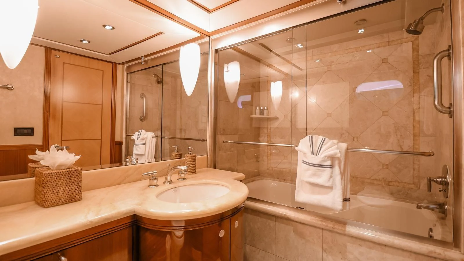 a bathroom with a large shower aboard JUST ENOUGH Yacht for Charter