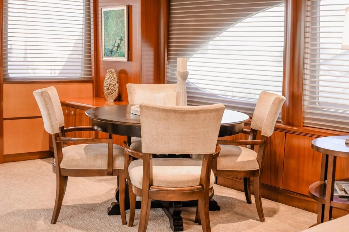 a dining room with chairs and a table aboard JUST ENOUGH Yacht for Charter