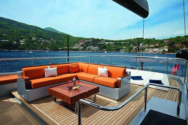 a couch and a table on a deck overlooking a body of water aboard PERSEUS^3 Yacht for Sale