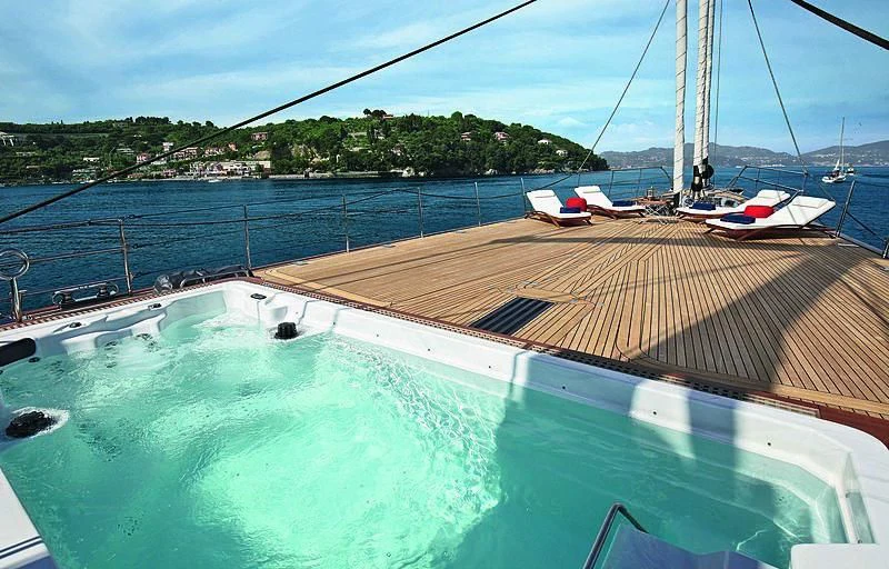 a swimming pool with boats aboard PERSEUS^3 Yacht for Sale