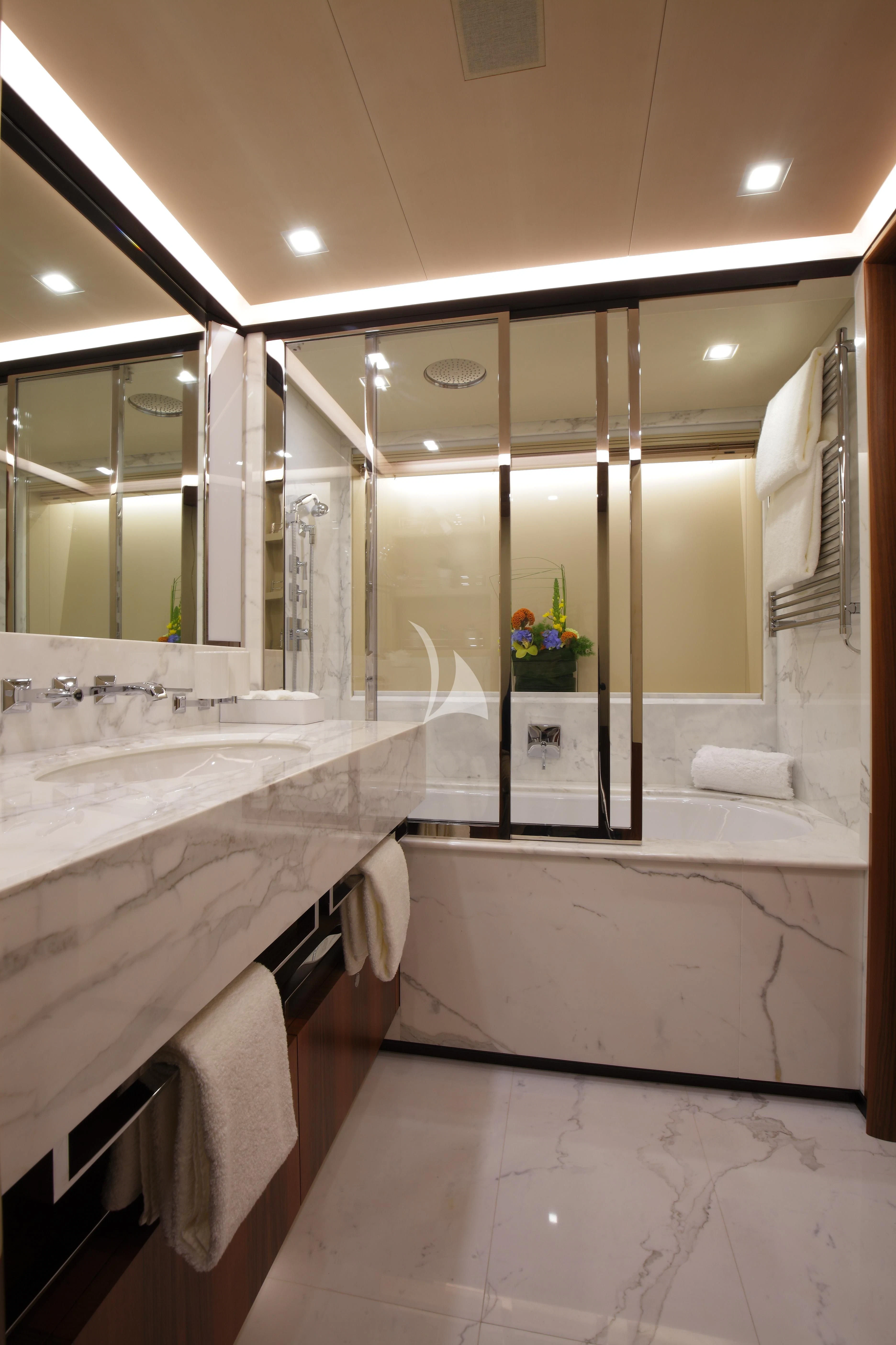 a bathroom with a large mirror aboard PERSEUS^3 Yacht for Sale