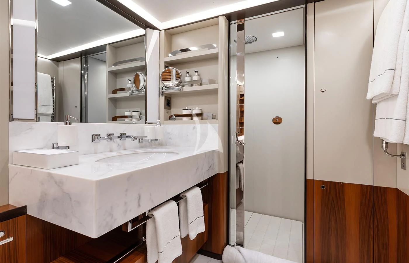 a bathroom with a sink and a mirror aboard PERSEUS^3 Yacht for Sale