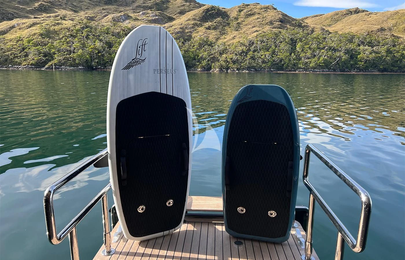 a large black surfboard on a boat aboard PERSEUS^3 Yacht for Sale