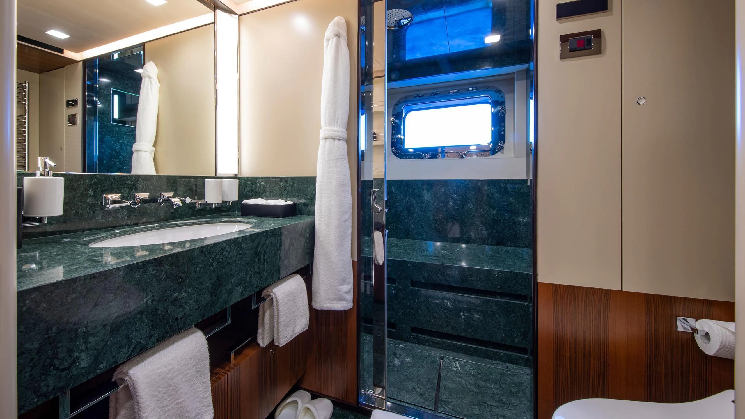 a bathroom with a countertop sink and a mirror aboard PERSEUS^3 Yacht for Sale