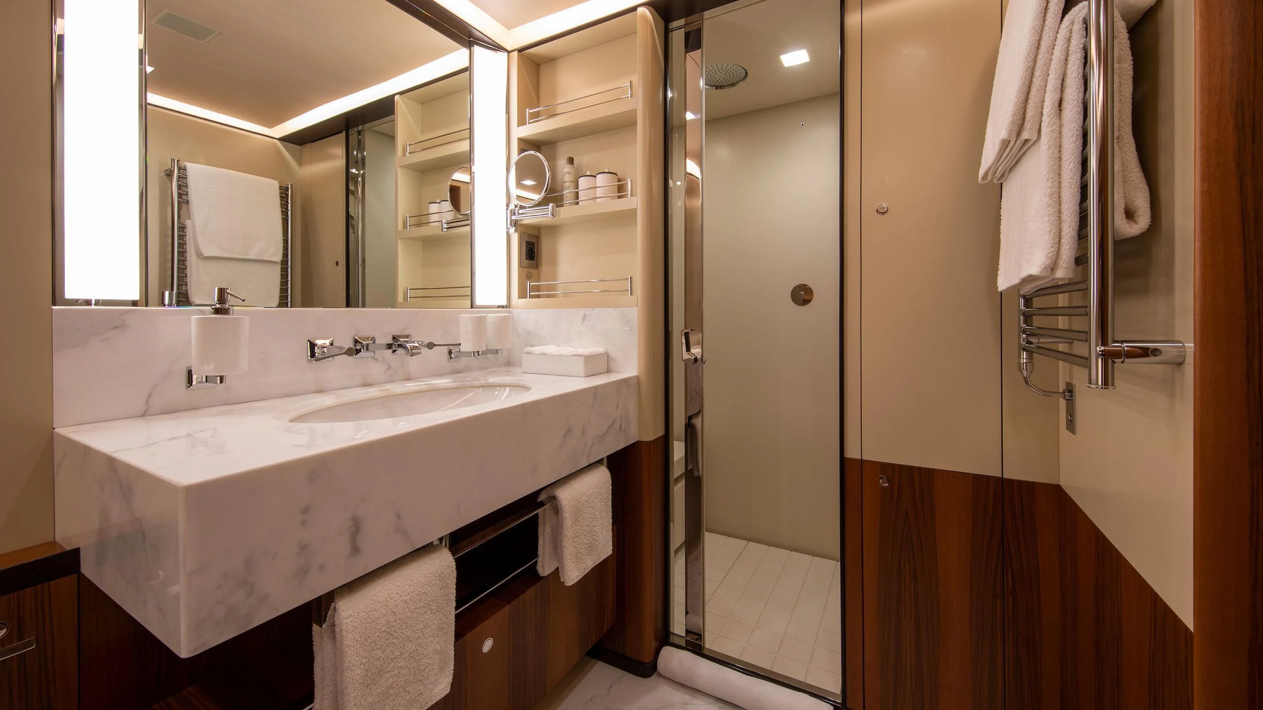 a bathroom with a sink and a mirror aboard PERSEUS^3 Yacht for Sale