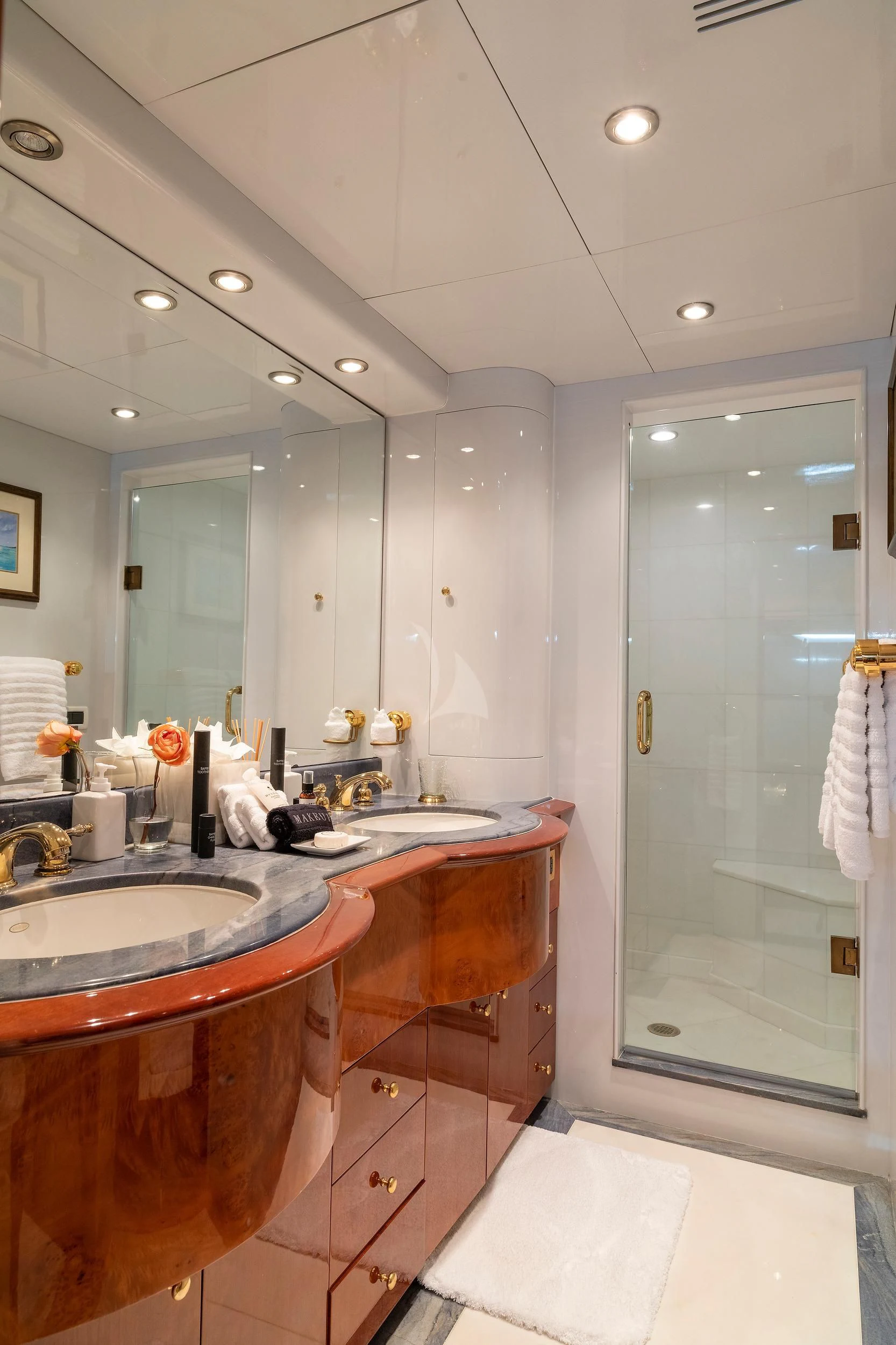 a bathroom with a sink and a shower aboard OUTTA TOUCH Yacht for Sale