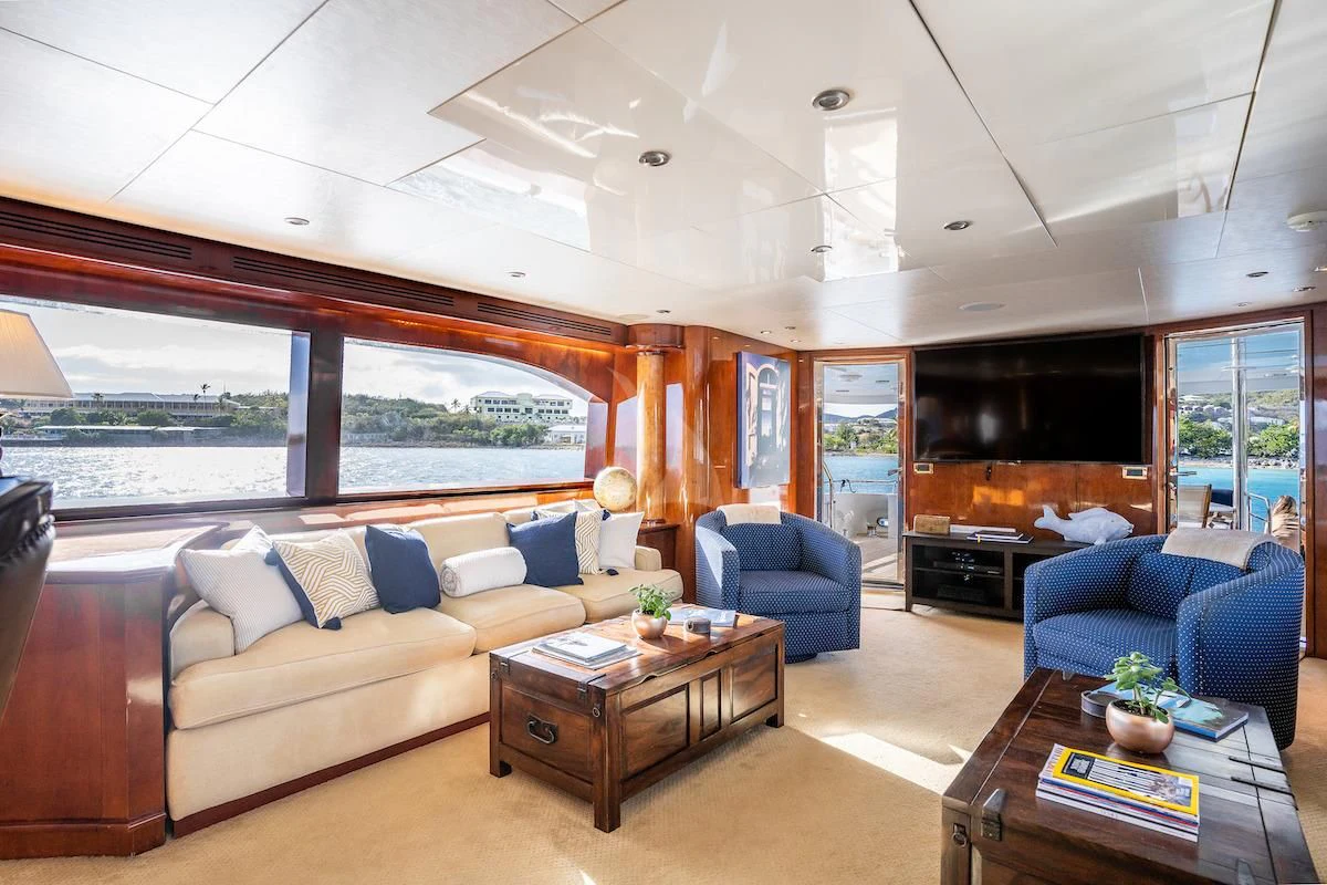 a living room with a large window aboard OUTTA TOUCH Yacht for Sale