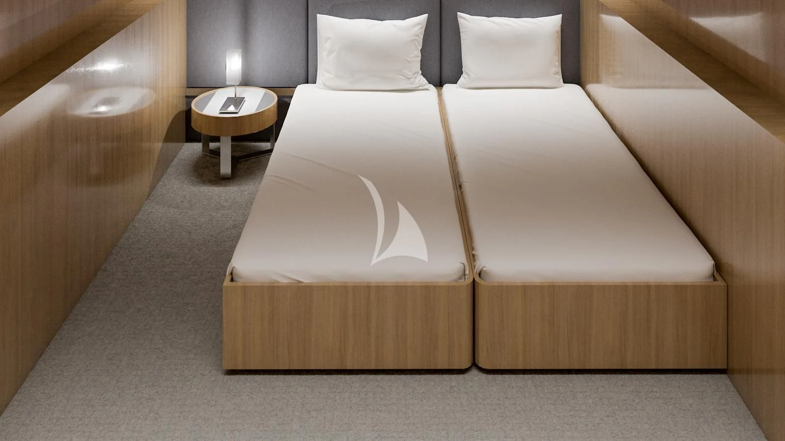 a bed with white sheets aboard MR. T Yacht for Charter