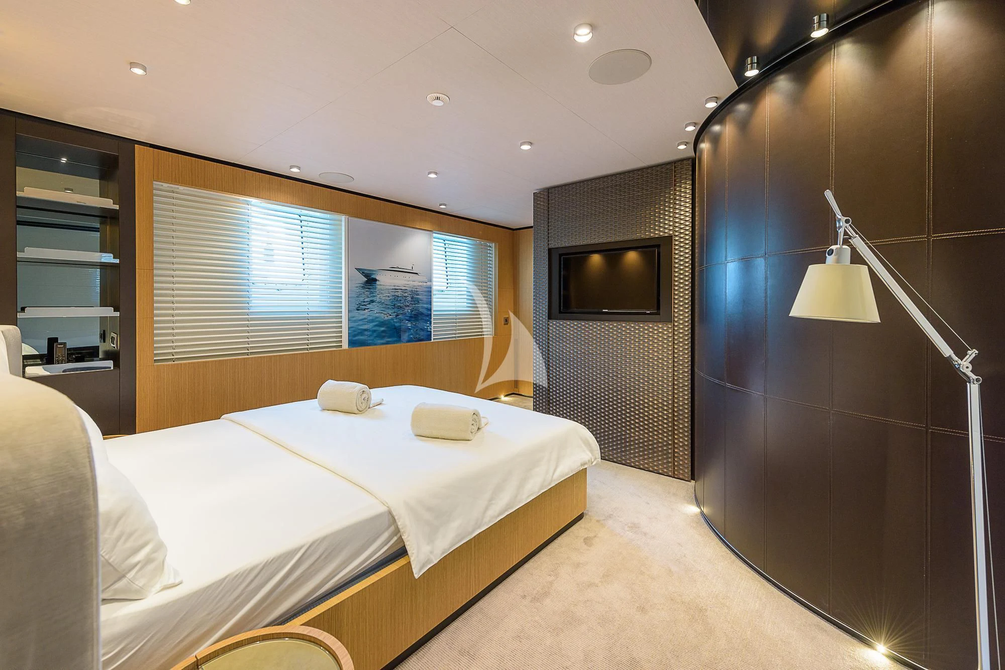 a room with two beds aboard MR. T Yacht for Charter
