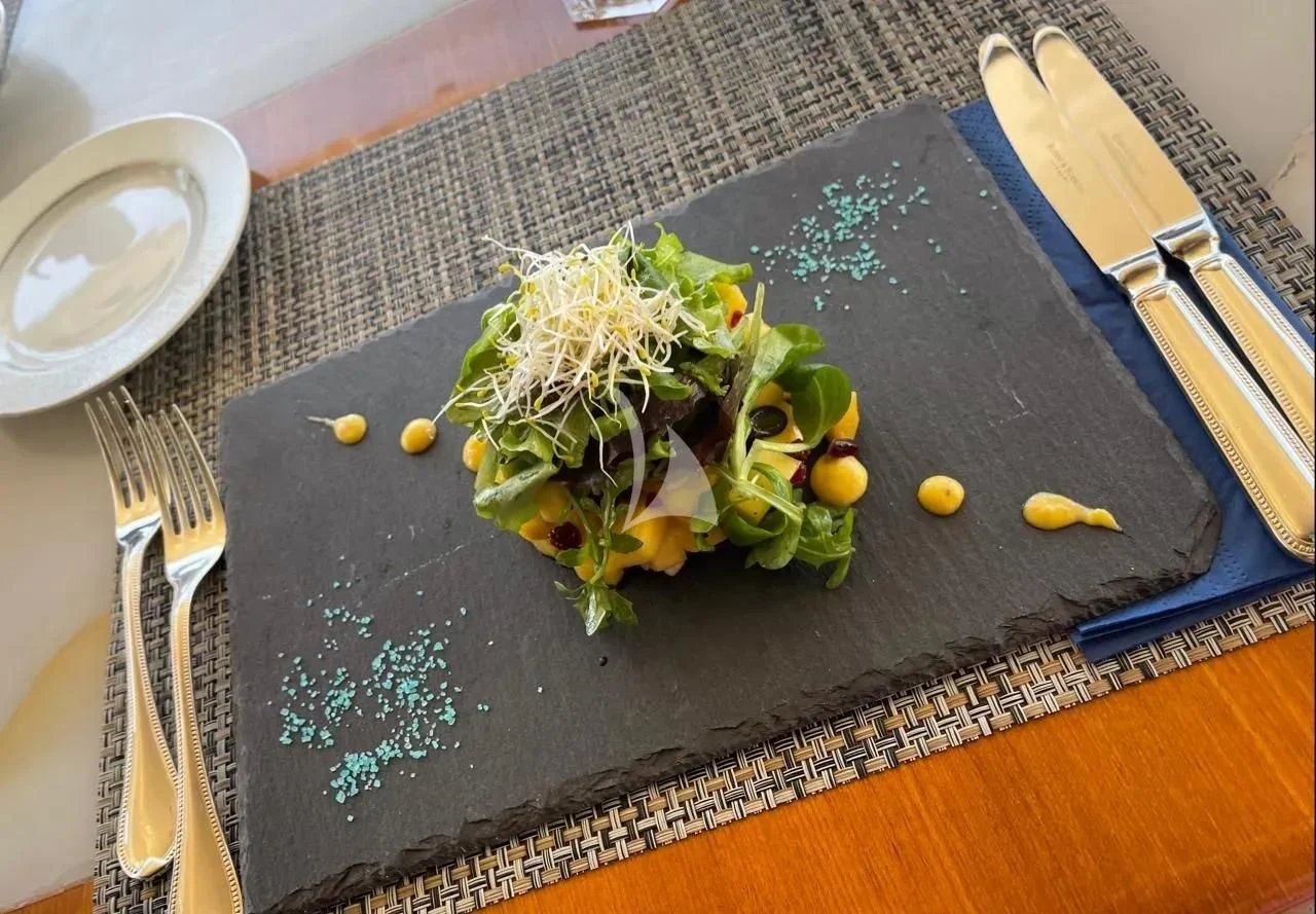 a plate of food aboard MR. T Yacht for Charter