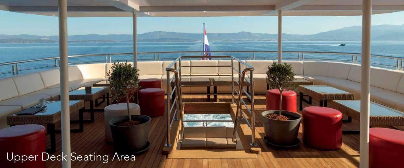 a deck with potted plants and chairs on it aboard QUEEN ELEGANZA Yacht for Sale