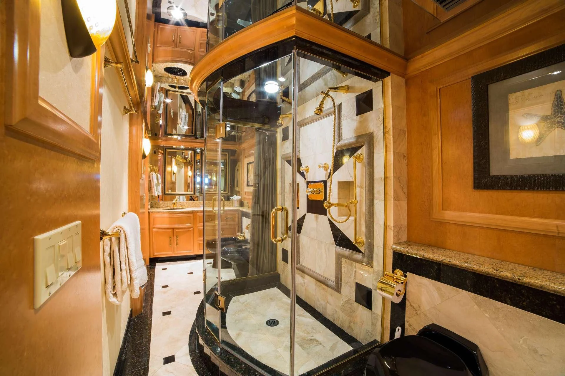 a bathroom with a shower unit aboard LADY LEX Yacht for Sale