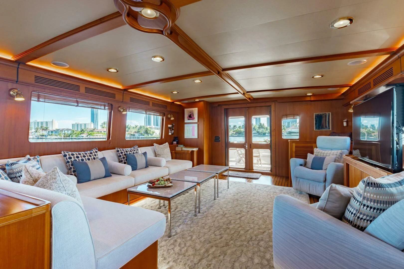 a living room with a large open window aboard VIRGINIA SEA Yacht for Sale