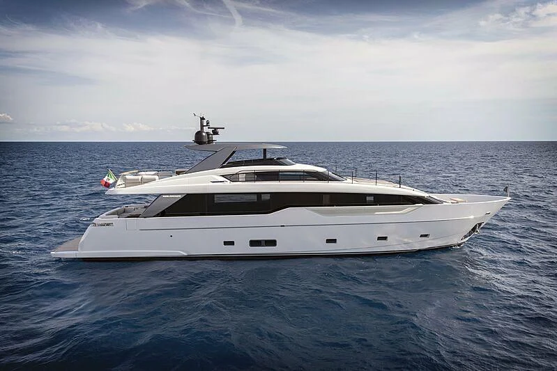 a white yacht in the ocean aboard SEVEN Yacht for Sale